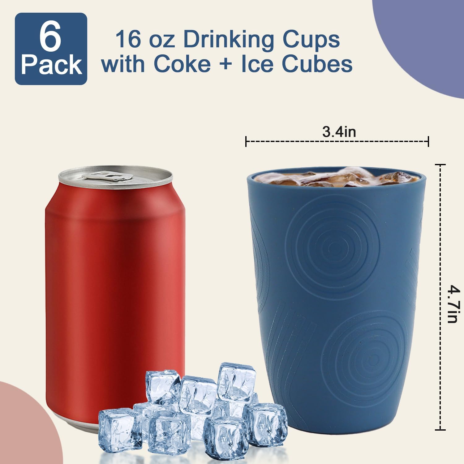 Wheat Straw Cups 16 OZ, Plastic Drinking Glasses, Drinking Cup, Unbreakable Kitchen Cups Sets of 6, Microwave & Dishwasher Safe Water Glasses, Reusable Plastic Cup for Party (Multicolor) - Image 3