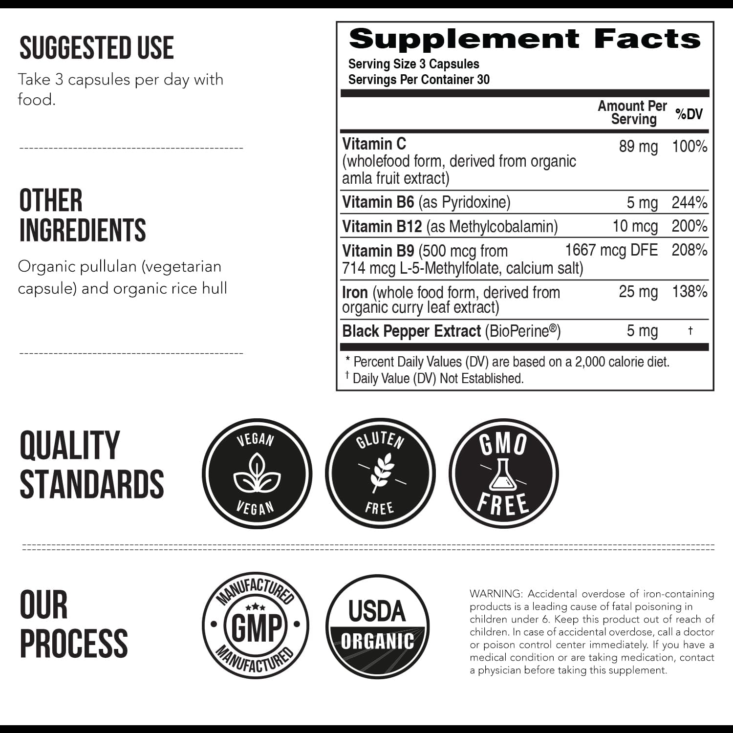 Organic Iron Supplement | Whole Food Mineral & Cofactors, 25 mg Elemental | Enhanced Absorption Plus Blood Health Vitamins – Gentle Form – Supports Healthy Levels & Blood Health – 90 Capsules