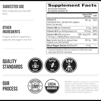 Organic Iron Supplement | Whole Food Mineral & Cofactors, 25 mg Elemental | Enhanced Absorption Plus Blood Health Vitamins Gentle Form Supports Healthy Levels & Blood Health 90 Capsules