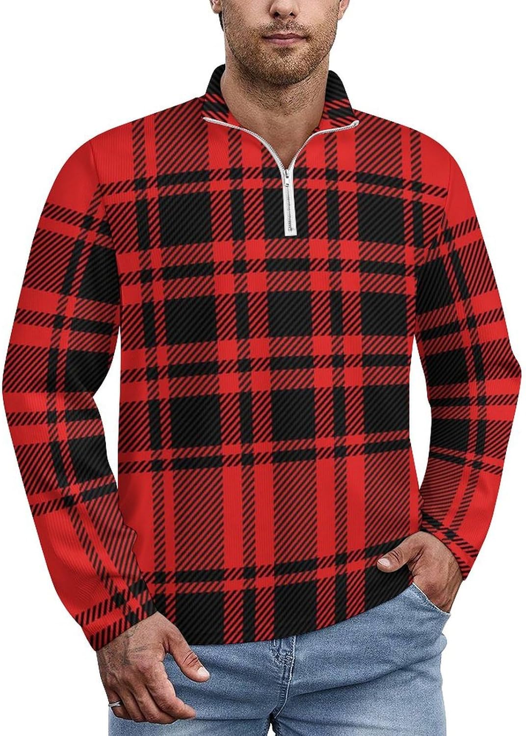 Buffalo Red Black Plaid Casual Sweaters Classic Golf Shirts for Men 1/4 Zip Sweatshirt Long Sleeve Top