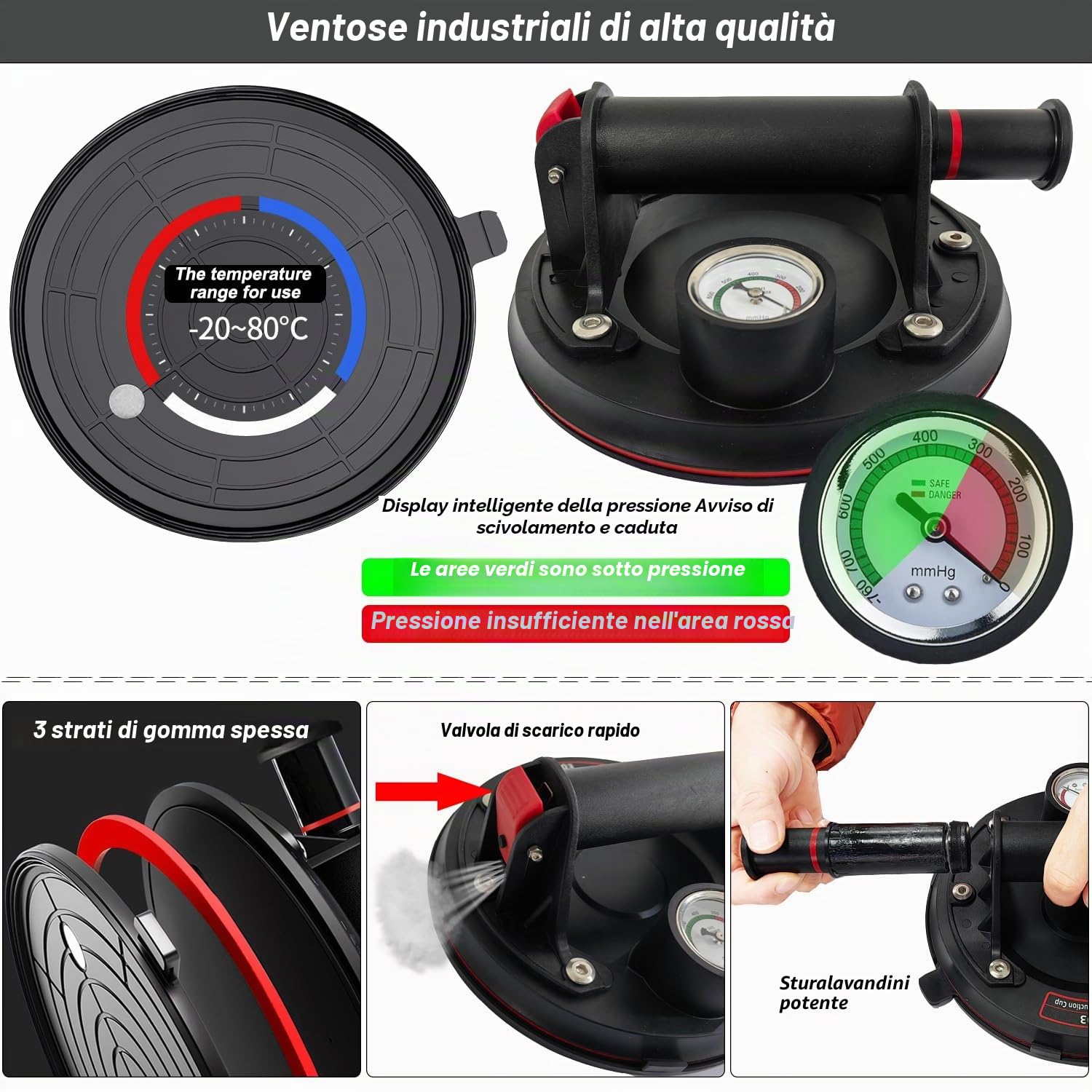 2 Pacchi Ventosa Vetro 8" Pesante di Vetro Ventosa Con Manometro Pompa Vuoto Ventose Sollevatore Ventose per Sollevamento a Ventosa Industriale Capacità di Carico 200Kg Con Includi Valigia