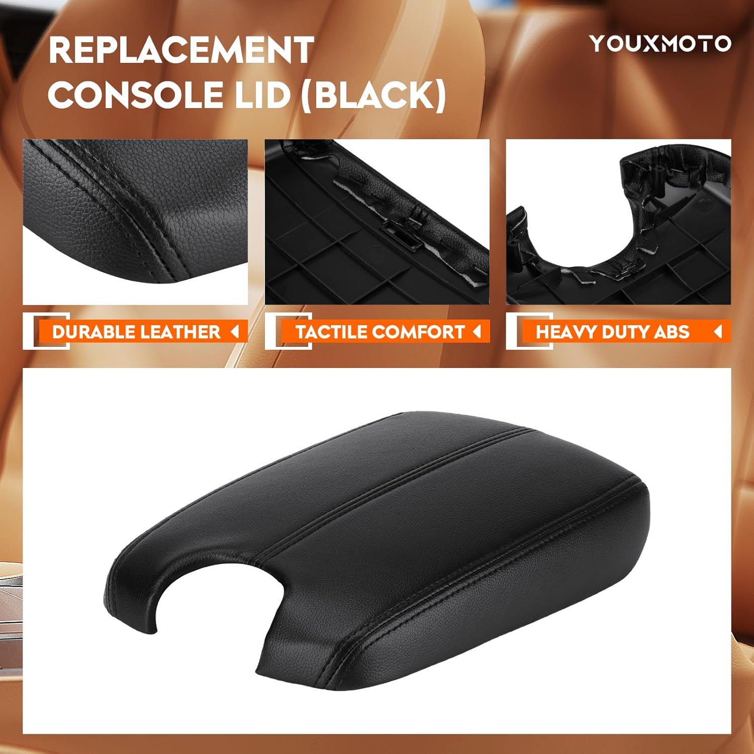 Youxmoto Center Console Lid Fit for Honda Accord 2008 2009 2010 2011; Black Armrest Cover PU Leather and ABS Back Plate