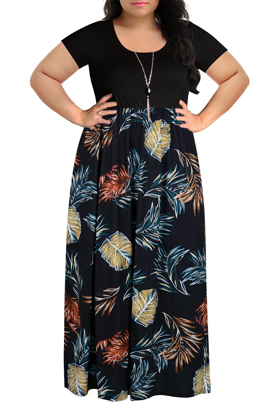 Nemidor Plus Size Maxi Dresses for Curvy Women Casual Summer Short Sleeve Chevron Print Long Dress with Pocket 14-26