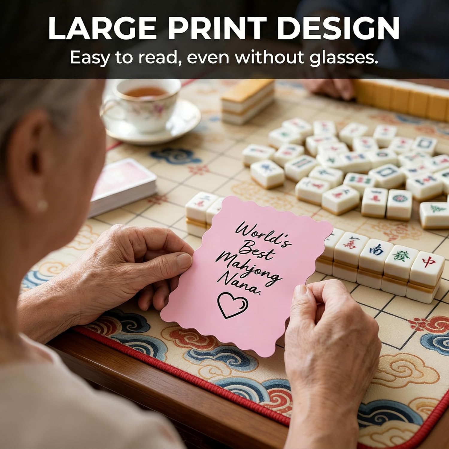 Mahjong Shuffler Cards Extra Thick 0.04" PVC Tile Mixers with Grandma Quotes, Waterproof Mah Jongg Accessories and Nana Gifts for Women Game Night, 4 Pcs with Zipper Pouch (Nana's Game Night)