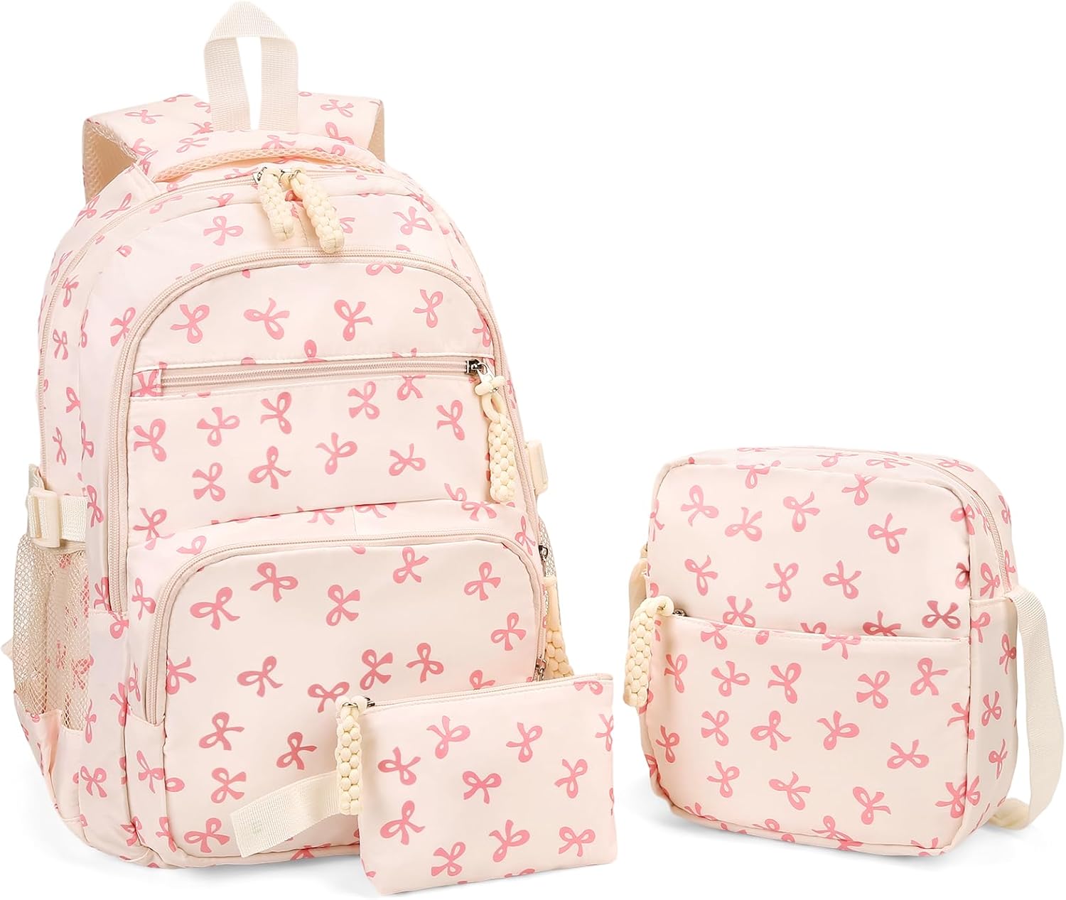 Bow Backpack for Women Coquette Aesthetic Nylon Rucksack Cute Kawaii Backpack 3Pcs Set With Bow Pattern - Image 9