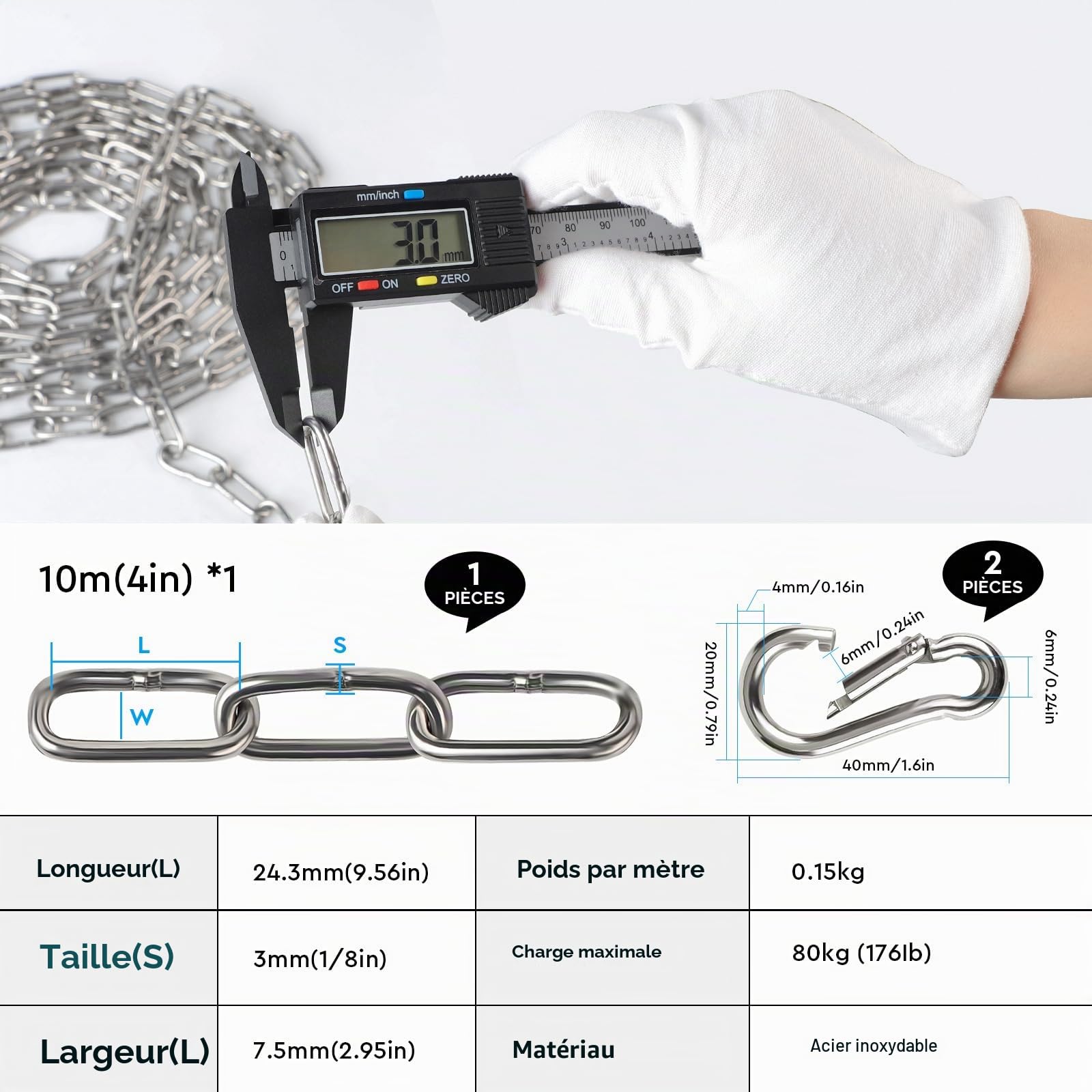 EXLECO 10 Mètre Chaîne en Acier Inoxydable 3mm Chainette avec 2 Mousquetons, Promenade, Chaîne de Chien Chaîne De Séchage Robuste Charge Chaîne D'ancrage Chaîne Balançoire, Maximale de 80KG