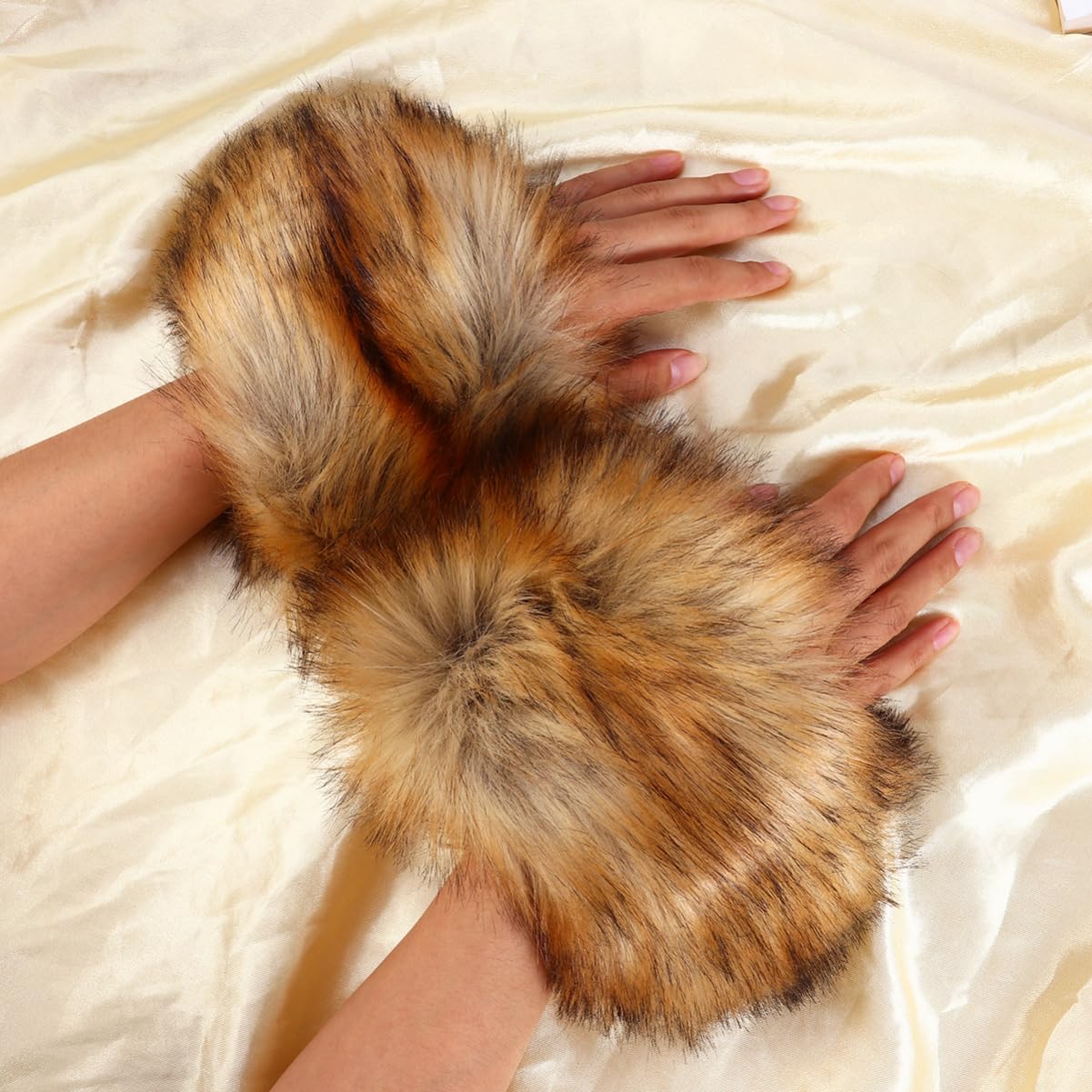 NOLITOY 1Pair Faux Fur Arm Warmers for Women Elastic Cuff Bands for Costumes Parties One Wrist Cover for Outfit Decoration Stylish Faux Fur Wrist