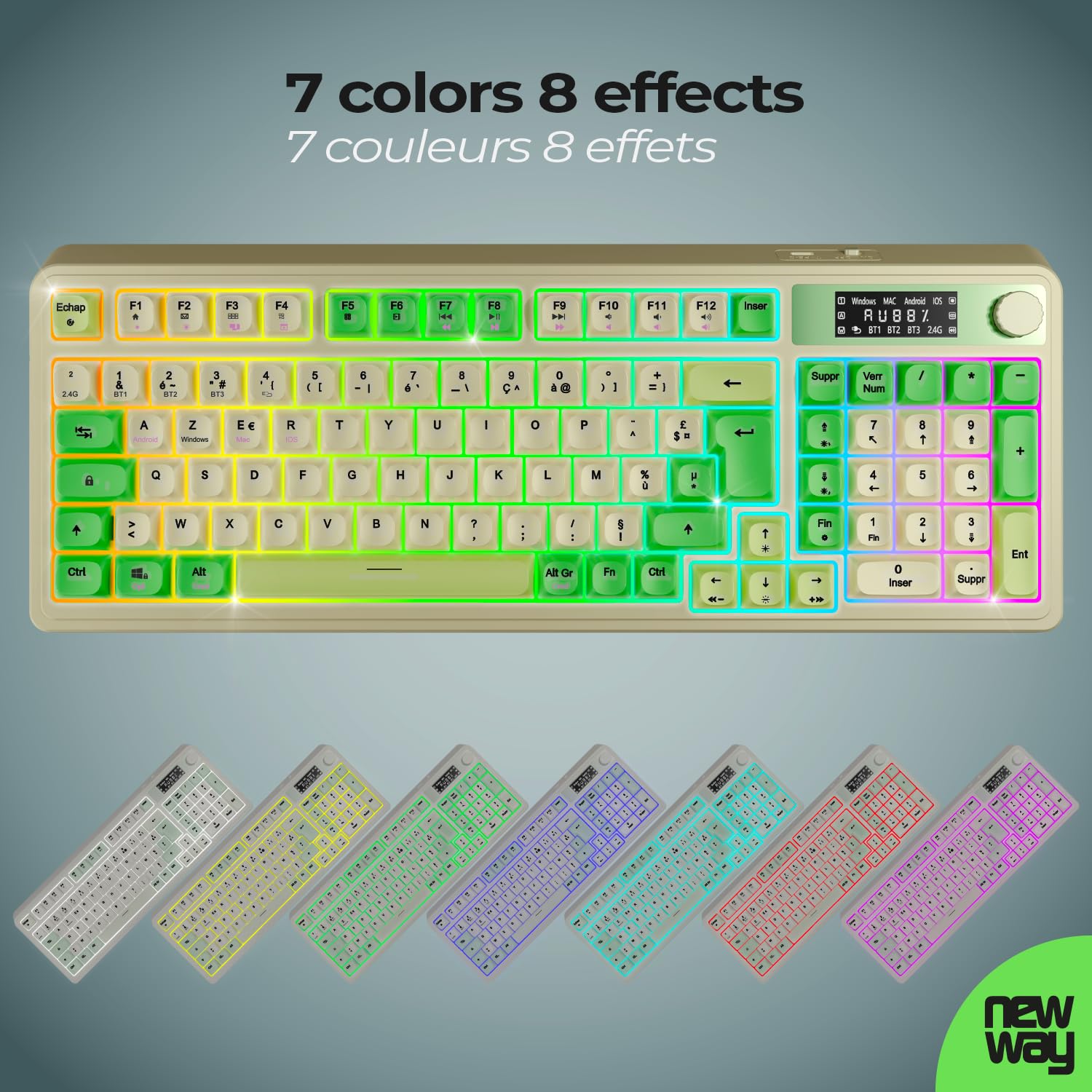 NEWWAY NK251 – Clavier sans Fil Rechargeable Affichage LCD Numérique Molette Multifonction - AZERTY français – Triple Mode (WiFi 2.4 GHz, BT, USB-C) - Récepteur USB au Dos