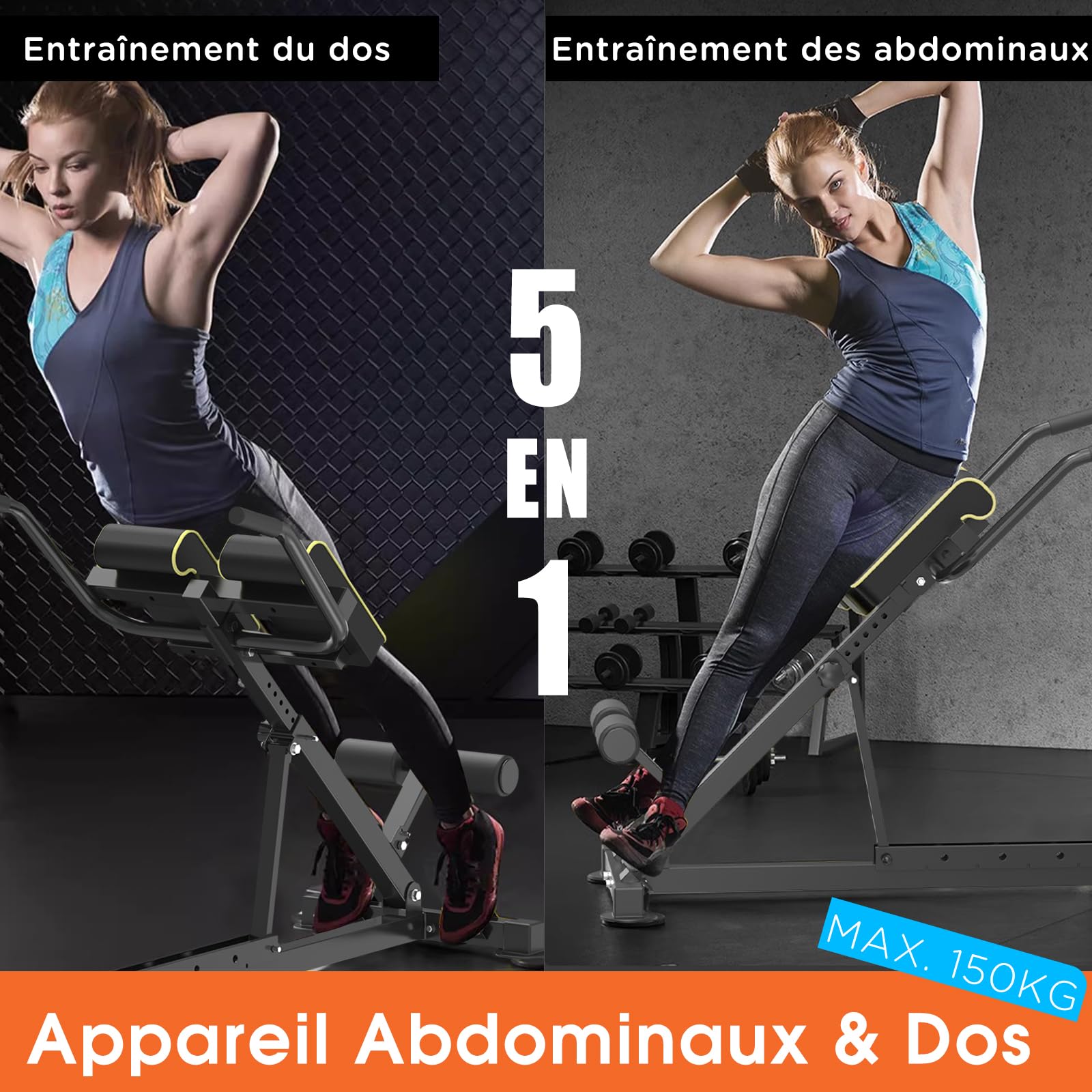 DH FitLife Chaise Romaine 5-en-1 Pliable, Banc d’Hyperextension Réglable jusqu’à 150 kg, Banc Lombaire et Abdominaux, Banc de Curl Multifonction