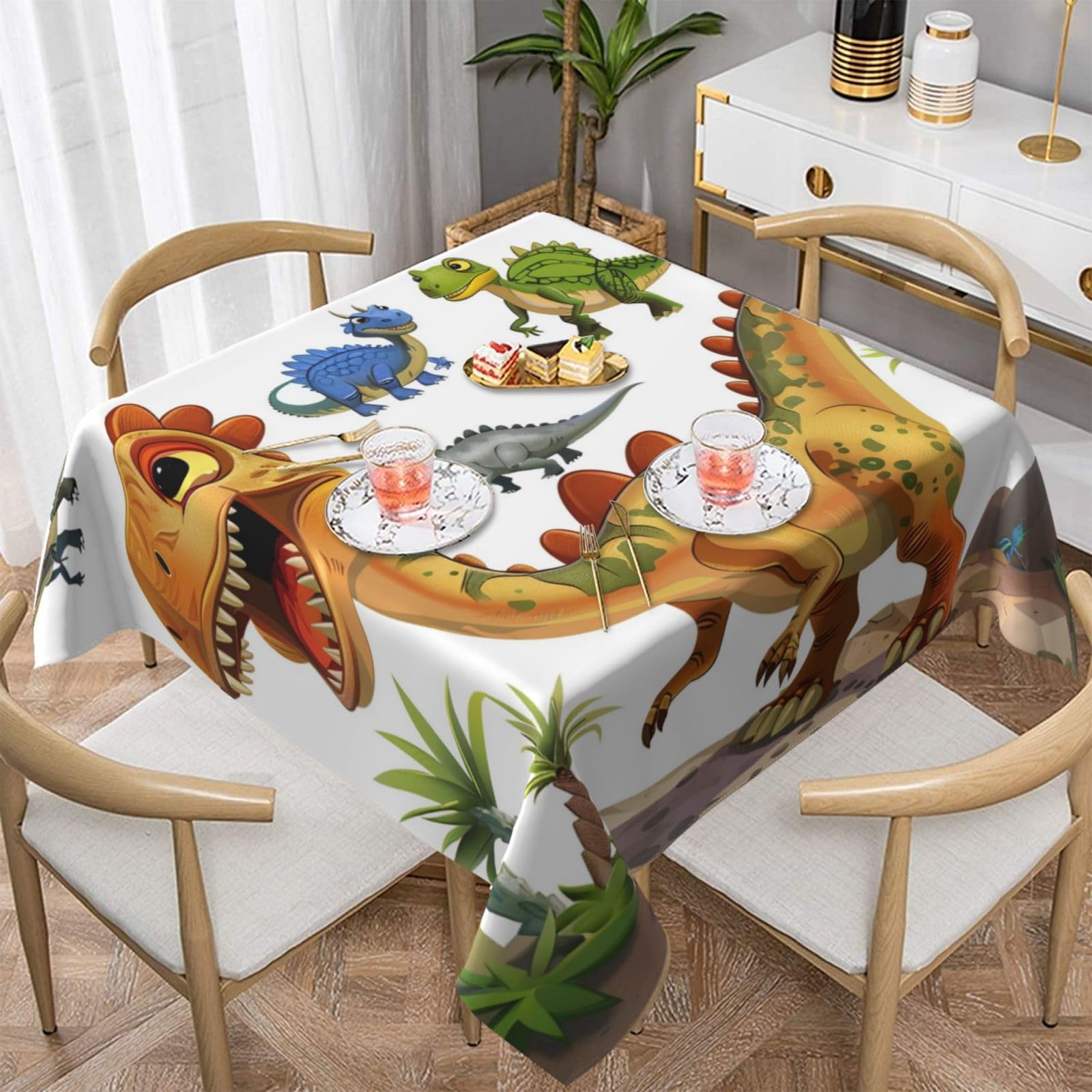 WPKJU Cartoon Dinosaur Images Printed Square Tablecloth 60x60 inch Water Resistant Table Cover Washable Rectangle Table Cloth for Dining Tables