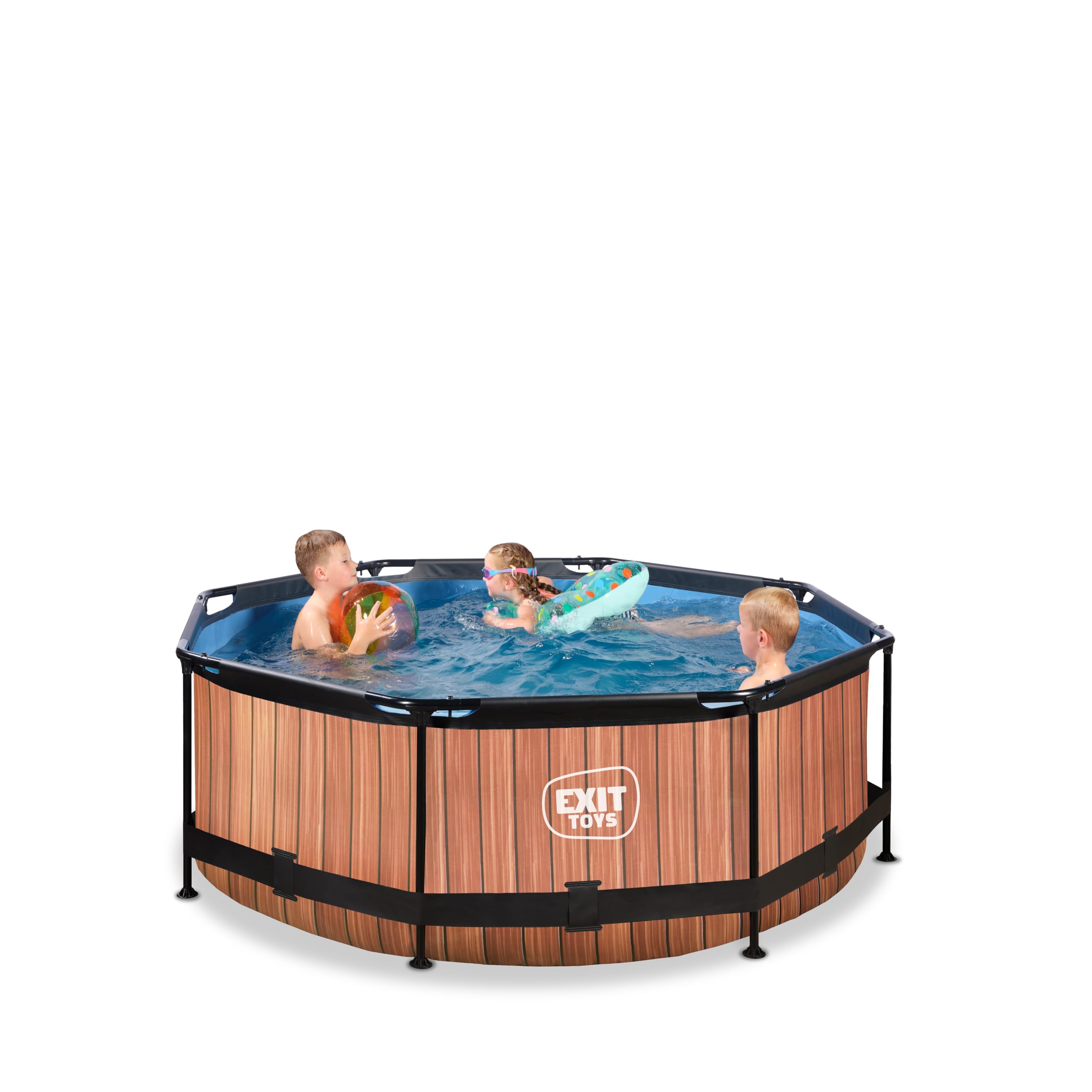 EXIT Toys Aufstellpool Rund 244x76 cm mit Filterpumpe – Gartenpool für Kinder Geeignet – Stahlrahmen – TÜV, CE, EN 16582 – Wood – Braun