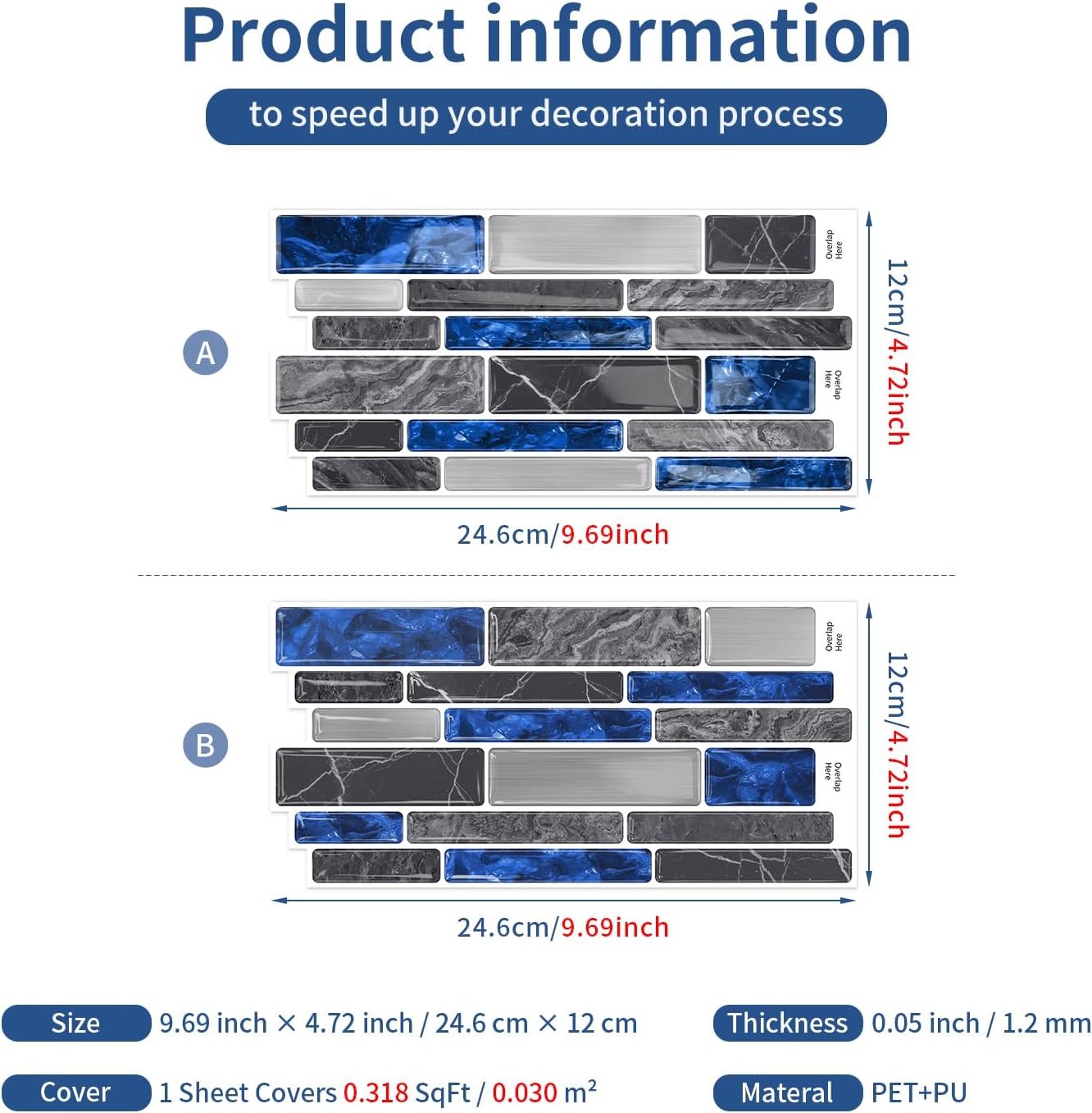 20pcs Peel and Stick Backsplash PU Wall Tile Stickers Self-Adhesive Waterproof Removable for Kitchen Bathroom,9.68x4.72 inch,Blue,White,Gray