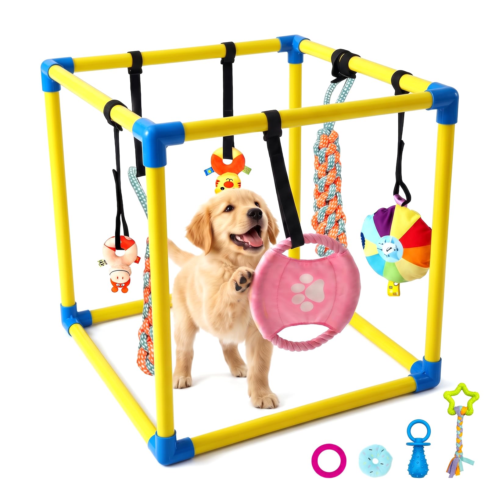 PupPuppy Play Siłownia, z 10 wiszącymi zabawkami, żółta ramka z PCW