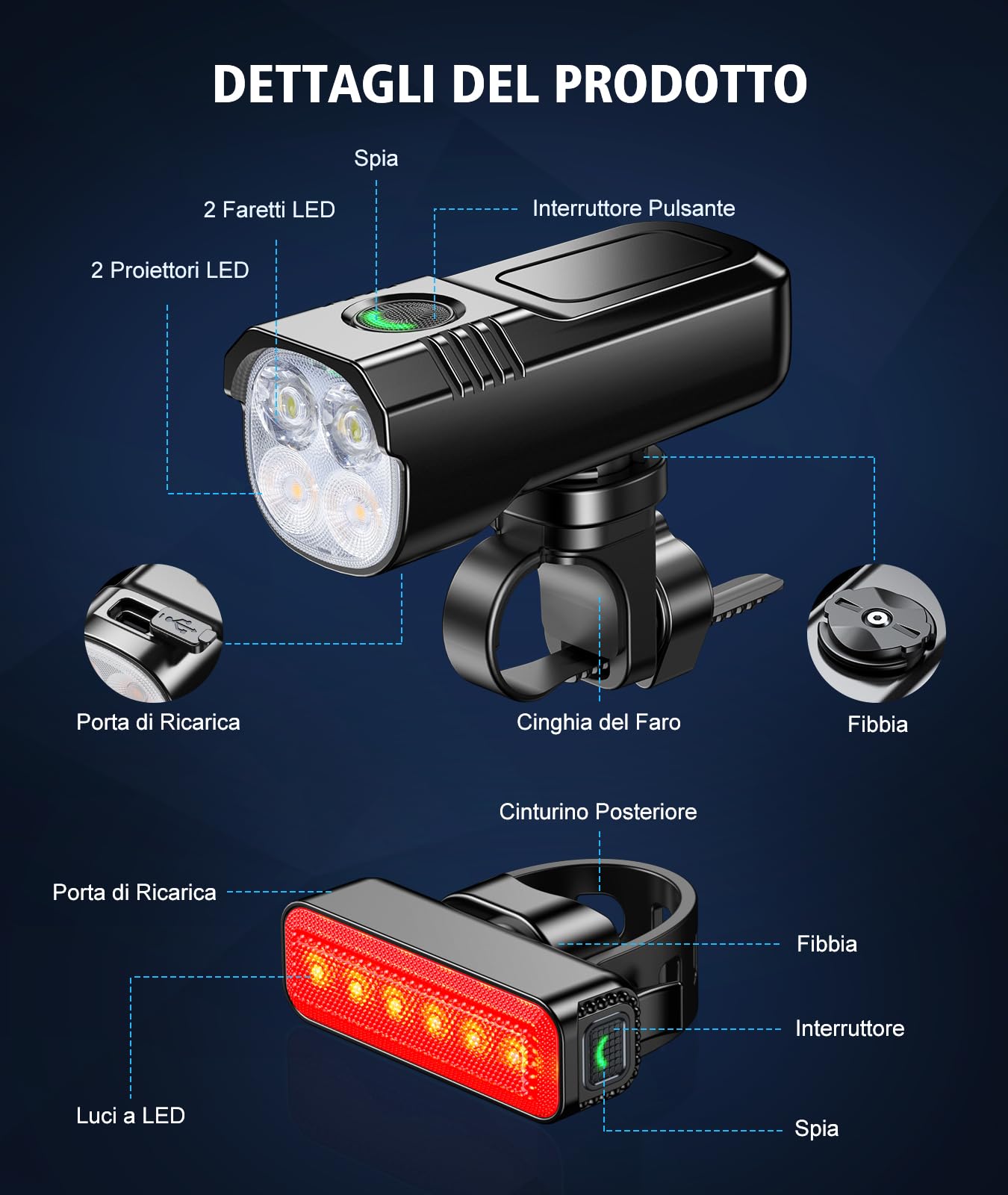 Babacom Luci Bicicletta LED, [8+6 Modalità & Faretto + Luce Diffusa] Luce Bici Anteriore e Posteriore, 1300 Lumen & Impermeabile IP65, Ricaricabili USB Alluminio Luci Targa per Moto, MTB, Corsa