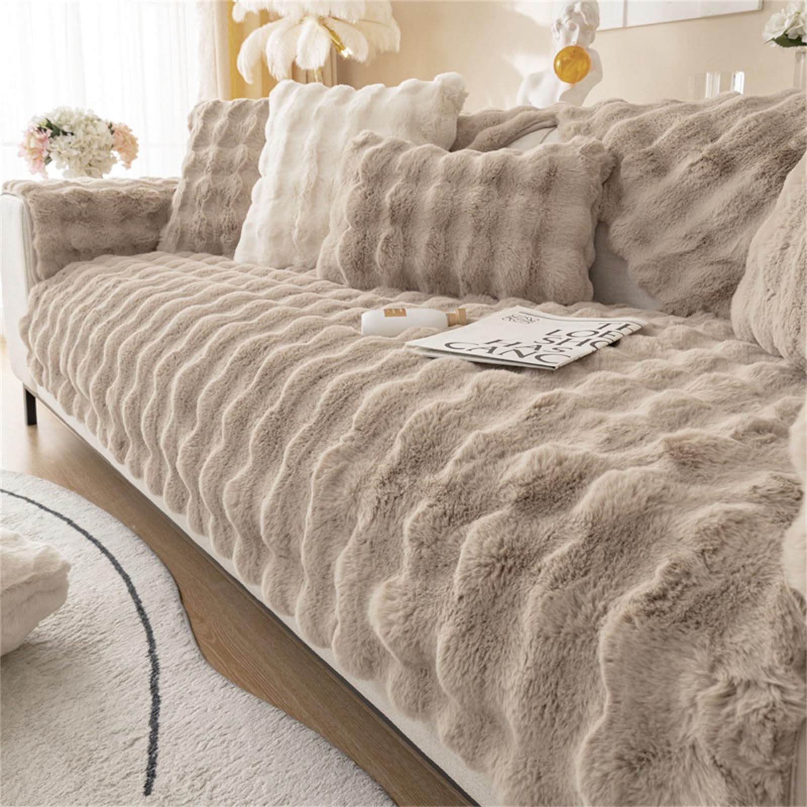 SYLC Rabbit Plush Sofa Cover 1 2 3 Seater, Sofa Slipcover Corner L Shape Thick Warm Couch Protector Anti-slip Caravan Seat Cushion Covers for Kids, Pets (Khaki,W 90cm×L 120cm)