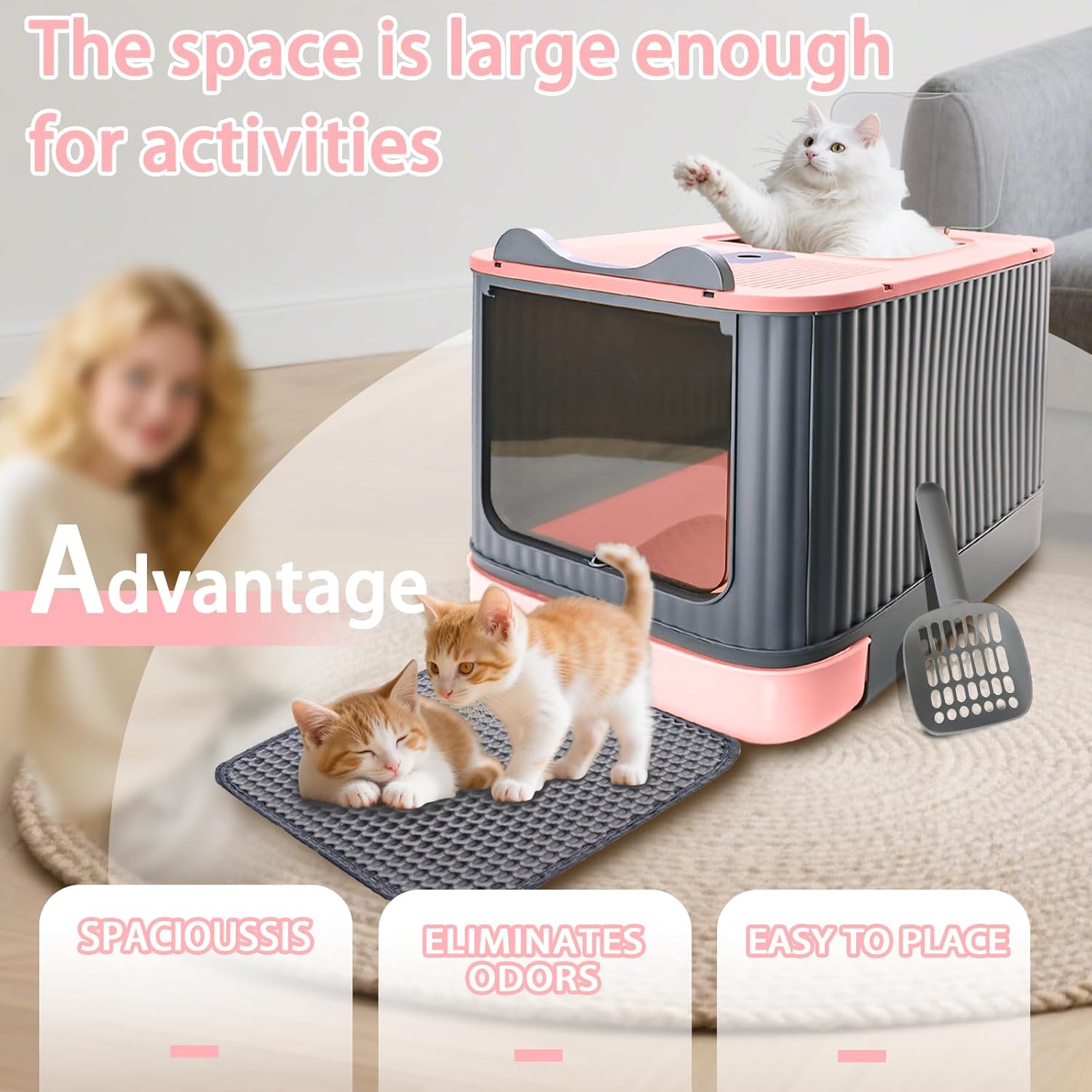 Cat Litter Box with Litter Mat, 17"x14"x13" Large Litter Box for Big Cats, Enclosed Removable Litter Boxs, Front Entry Top Exit Kitty Box, Odor Control, Easy to Clean (Pink Gray)