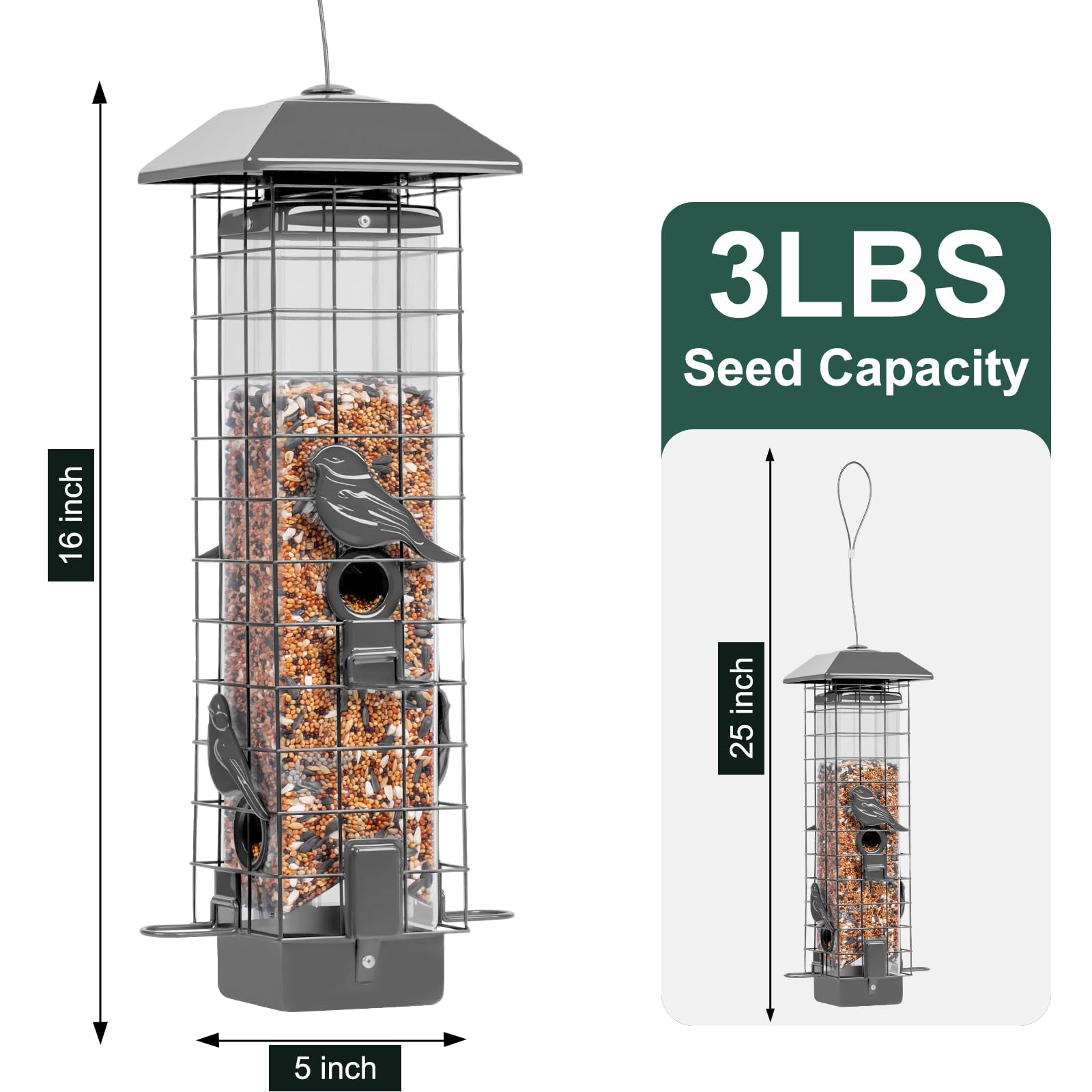 Comederos de pájaros a Prueba de Ardillas para Exteriores, comedero de Metal para pájaros Silvestres para Colgar en el Exterior, 4 Puertos, Gran Capacidad de 3 Libras (Gris)