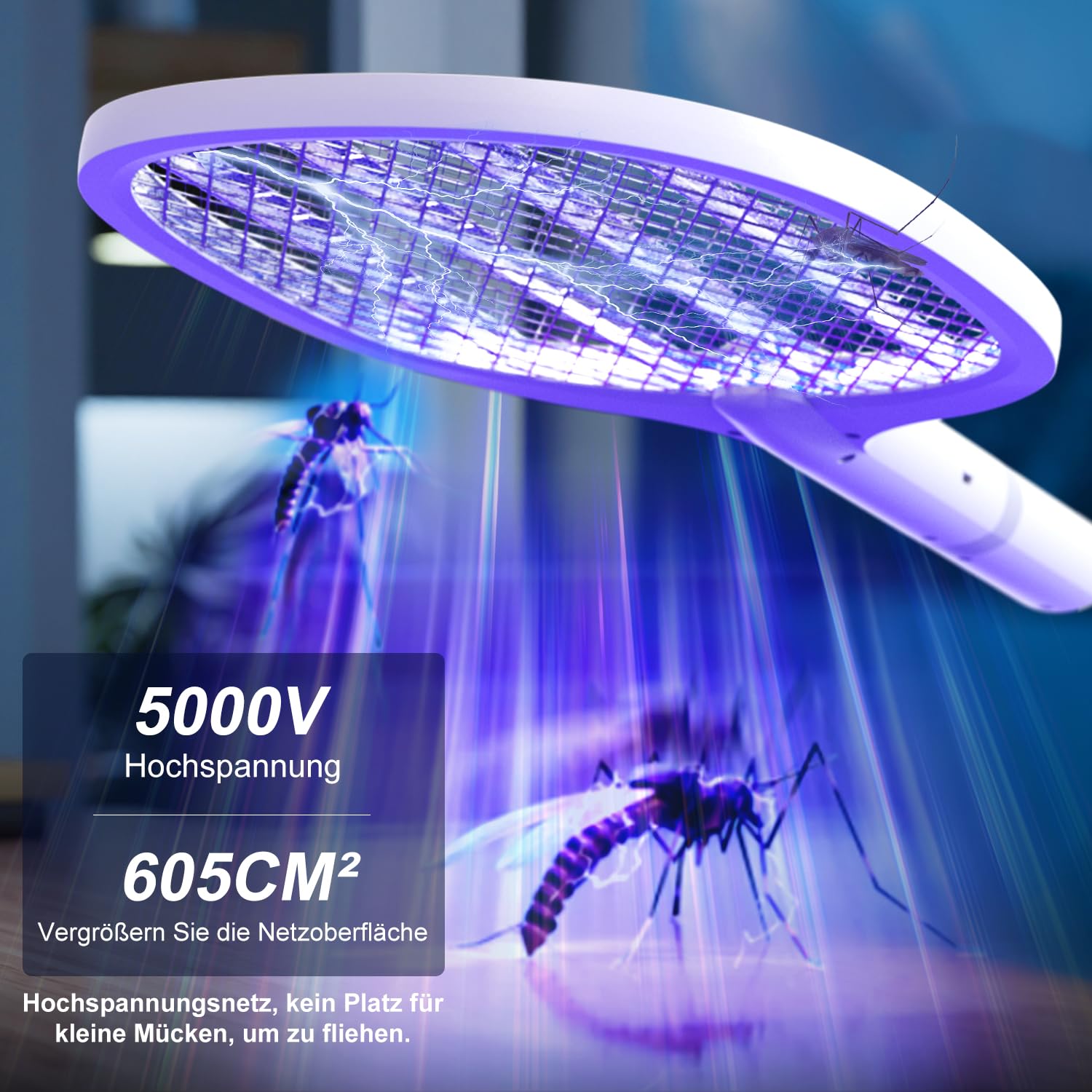 Electric Fly Swatter Racchetta Zanzare Elettrica 5000V 1800mAh con USB Ricaricabile e LED 2 in 1 con Base Recargable, LED Trappola per Zanzare para Uso en Interiores y al Aire Libre (3 pezzi)