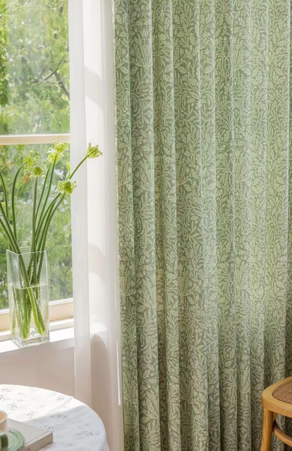 Sage Green Boho Curtains for Bedroom Living Room 84 Inches Long Semi Blackout Farmhouse Curtains 1 Pannel Linen Window Curtain Panel, White Floral Pattern Curtain Drapes (Pinch Pleated, 72" W x 84" L)