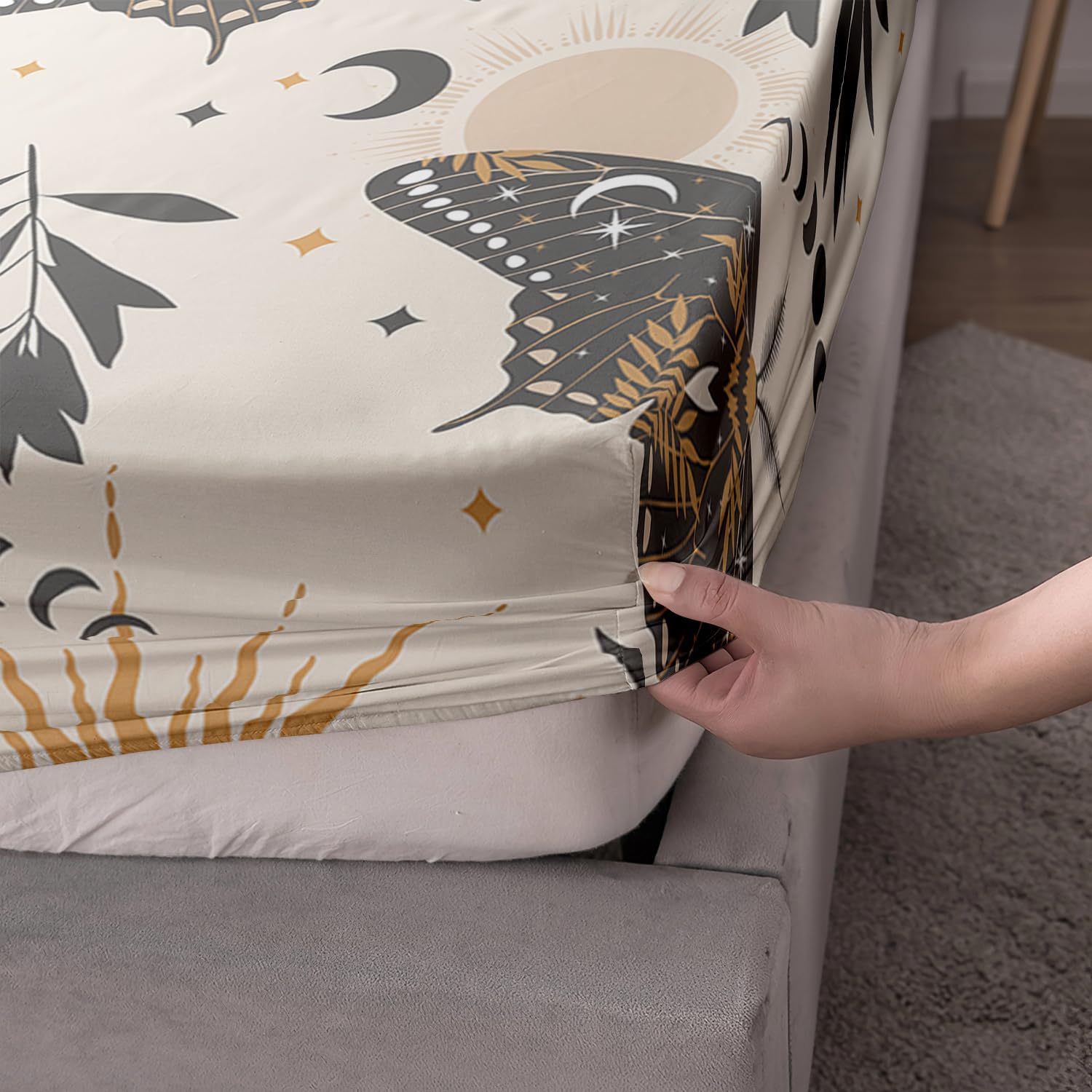 AILONEN Sun and Moon Death Moth Fitted Sheet Set Full Size - Gothic Room Decor - 3 Pieces Bed Sheet Set With 2 Pillowcases