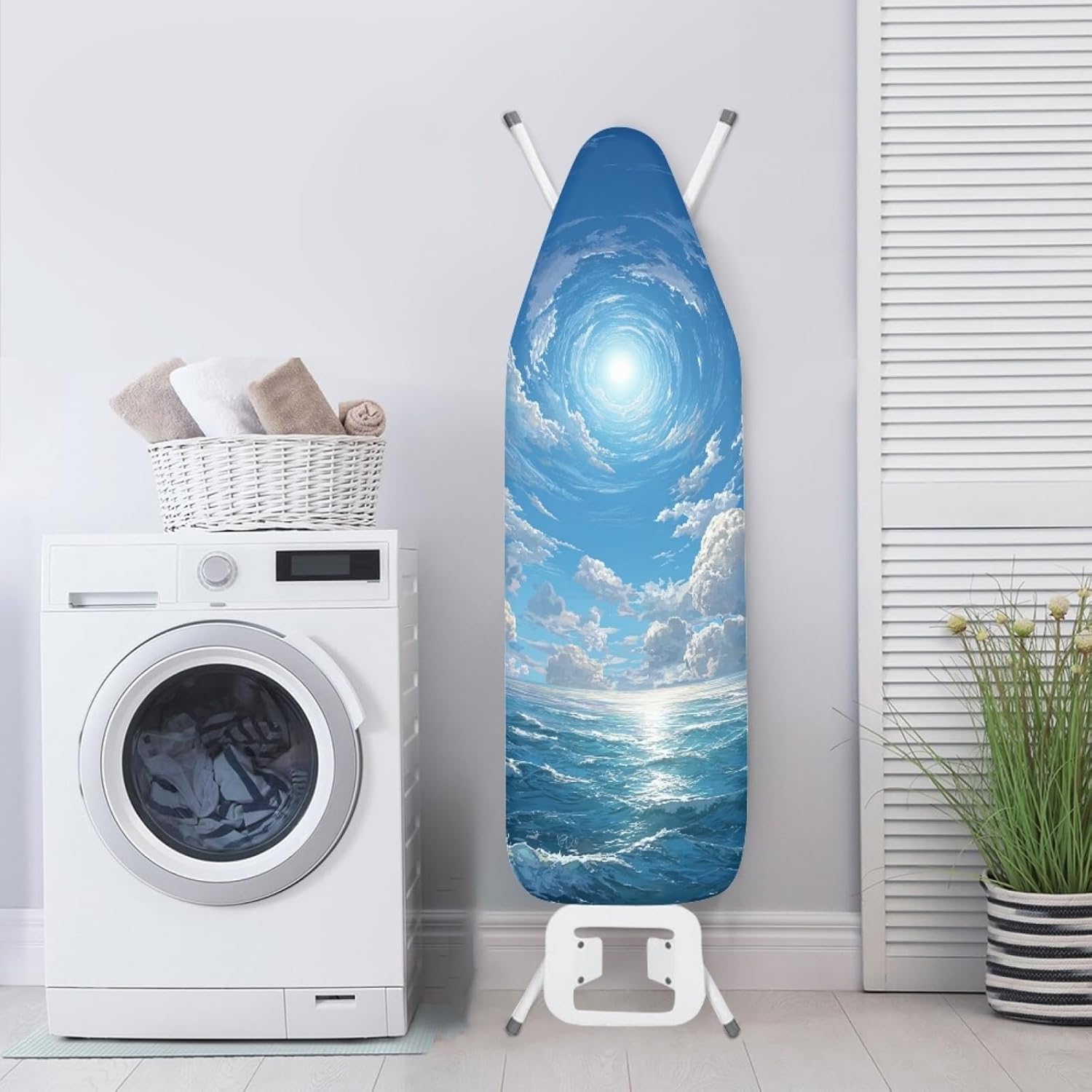Large Ironing Board Cover and Pad 59x19 Seascape Blue White Iron Table Cover with Padding,Extra Wide,Resist Scorching and Staining,Heatproof,Adjustable Fastener Durable Stain
