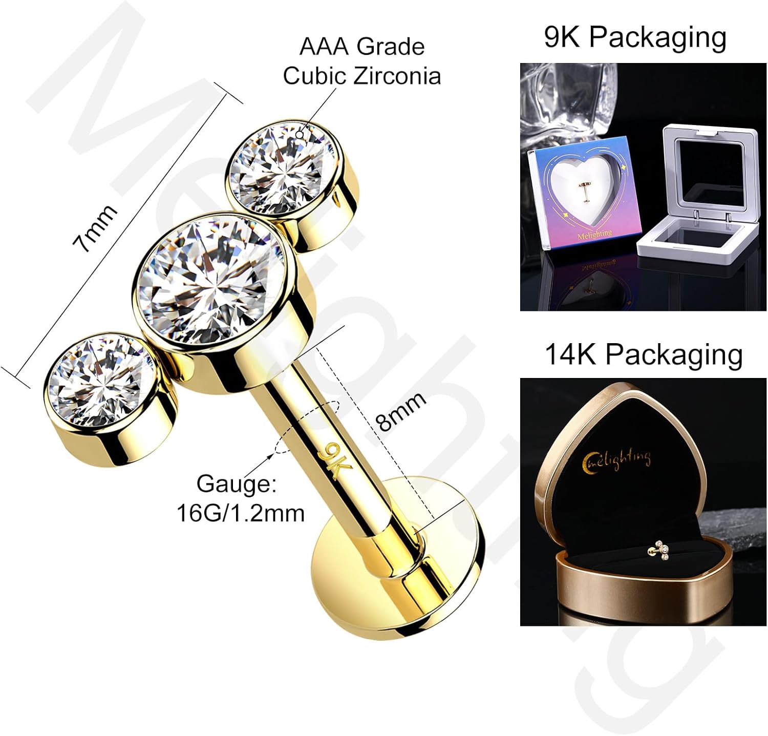 Melighting 14K Solid Gold Conch Piercing Jewelry - 16G Cartilage Earring, Internally Threaded, Curved Helix, CZ Stone, 8mm Stud Earring for Women - Image 6