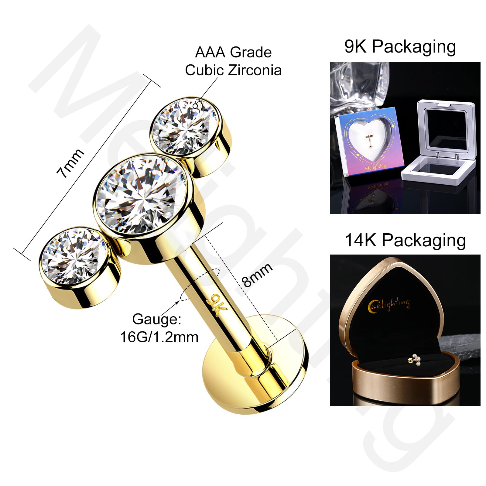 Melighting Pendientes de hélice de oro macizo de 14 quilates curvados para cartílago con rosca interna, aretes de tuerca plana de 16 g, circonita cúbica para tragus, joyería