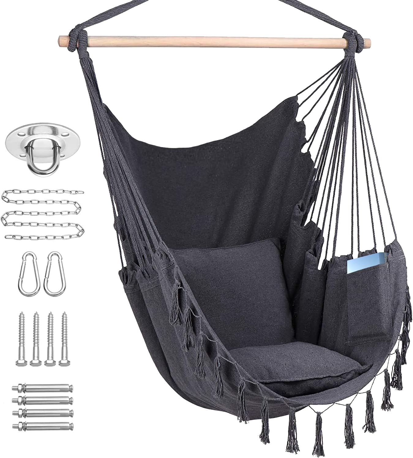 ZLX Hammock Chair Hanging Rope Swing with Hardware Kit and 2 Cushions, Handmade Macrame Hanging Chair for Bedroom Patio Yard Garden, Max 330 Lbs, Dark Grey