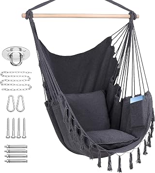 ZLX Hammock Chair Hanging Rope Swing with Hardware Kit and 2 Cushions, Handmade Macrame Hanging Chair for Bedroom Patio Yard Garden, Max 330 Lbs, Dark Grey