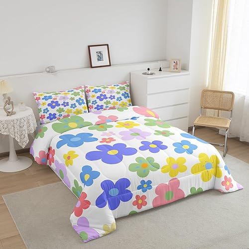 Miniatura 2 de Lindo juego de edredón de flores para niños y mujeres. Juego de ropa de cama de flores coloridas de dibujos animados, tamaño individual, bonito