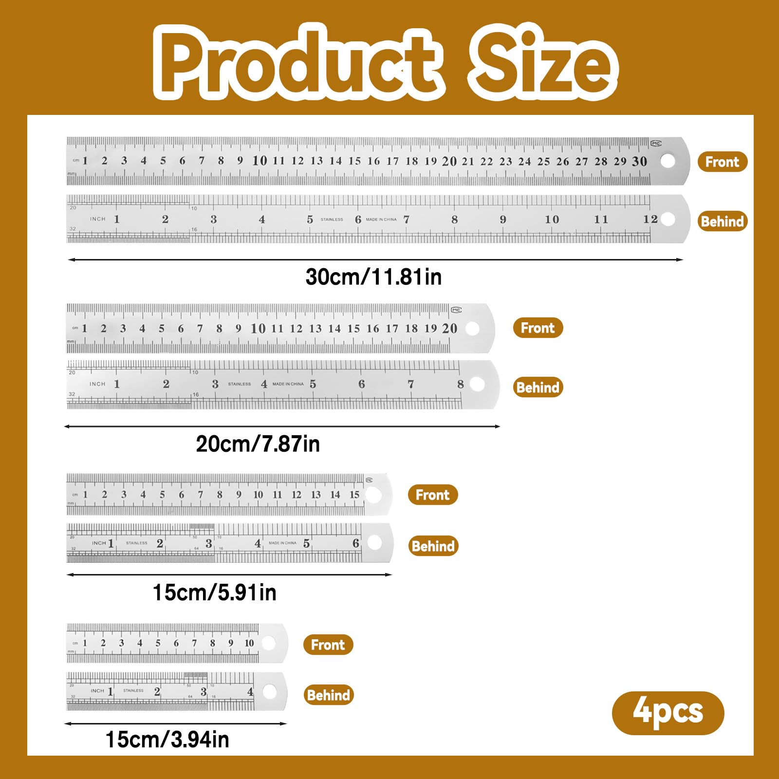 Set of 4 Stainless Steel Rulers Precision Metal Ruler Set 10 cm/15 cm/20 cm/30 cm Double Scale Edge Steel Ruler with Measuring Tool Straight Edge for Engineering Teaching Drawings Office - Image 2