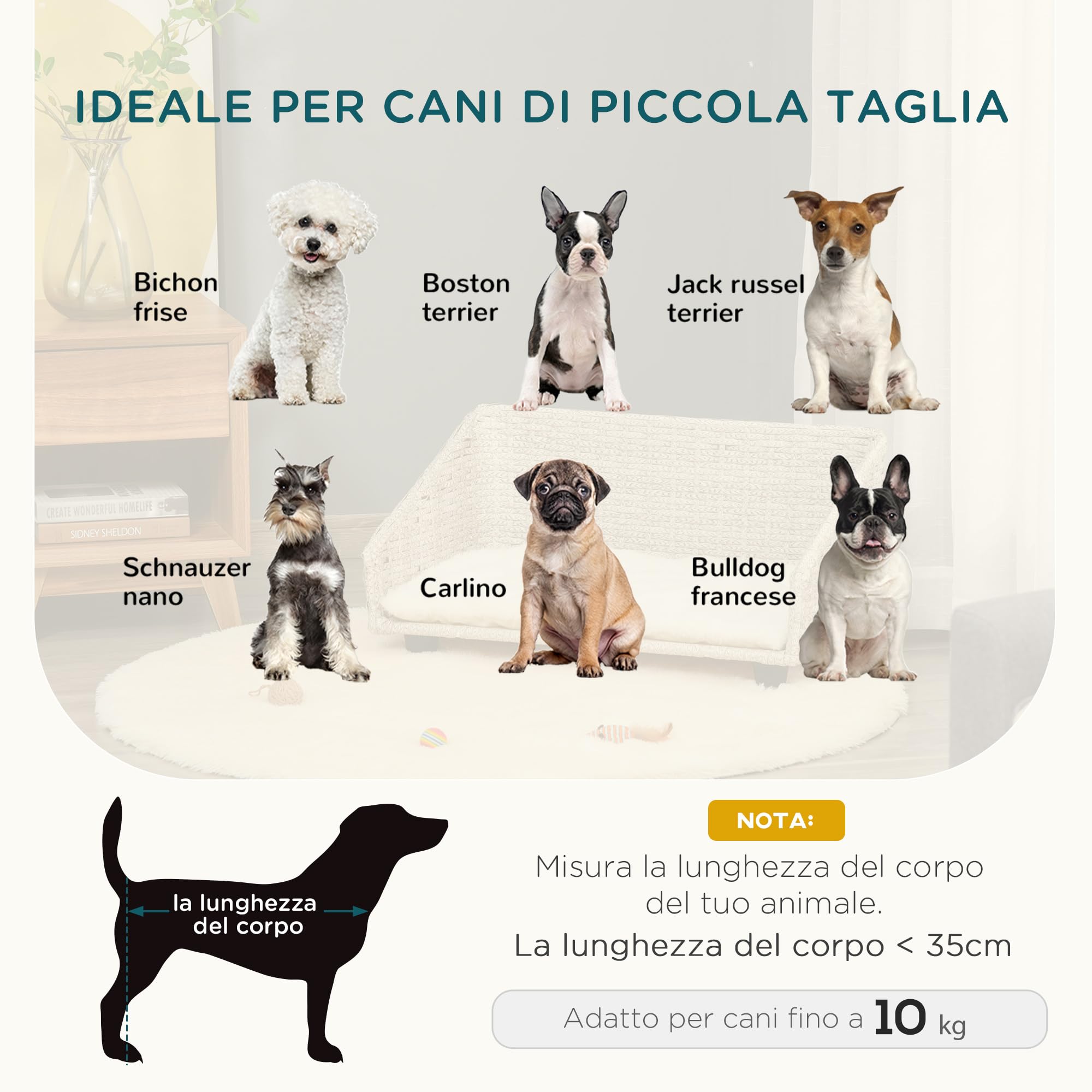 PawHut Cuccia per Cani e Gatti Rialzata in Rattan con Cuscino Lavabile Bianco, Lettino per Animali da Interno, 70.5x40x37.5cm, Beige