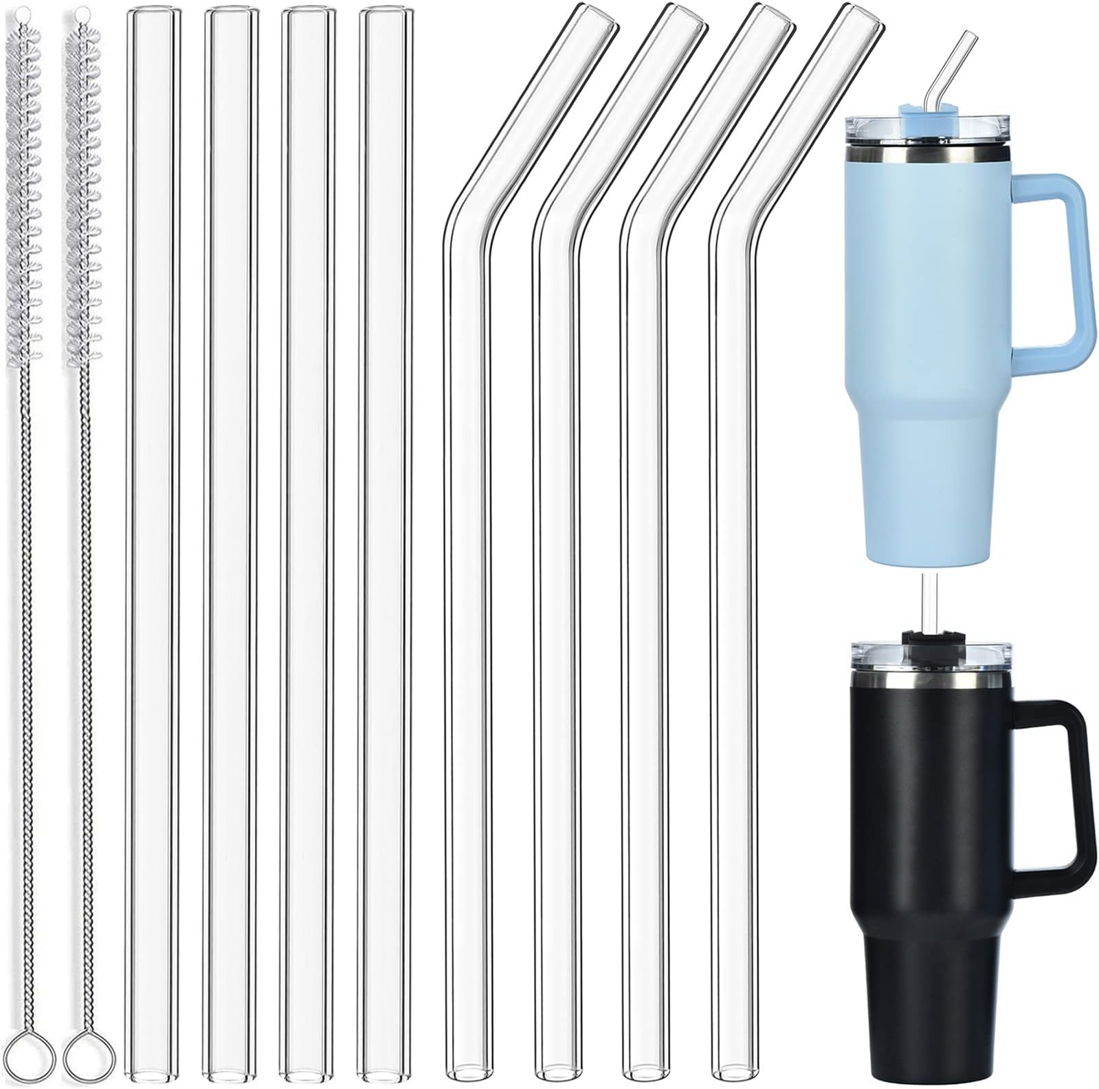 ALINK 8 Pack Replacement Glass Straws for Stanley 40 oz 30 oz Tumbler, 12 in Long Reusable Clear Straws for Stanley Cup Accessories, Half Gallon Jug, Plus 2 Cleaning Brush