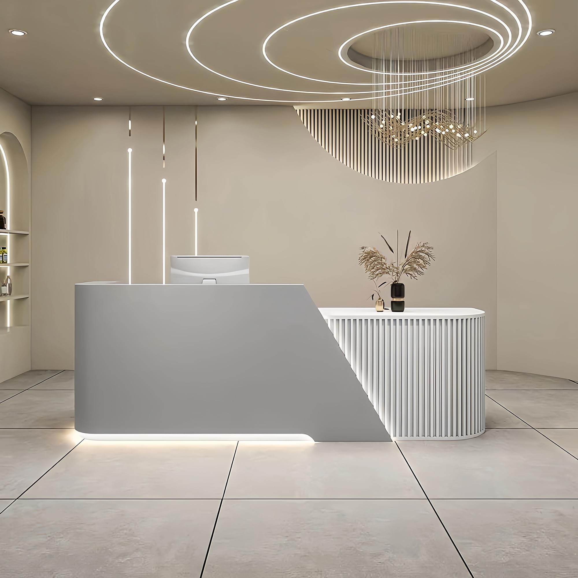 Empfangstresen, 116 Zoll (ca. 3 m) lang, gestreift, mit versteckter LED-Beleuchtung, Tastaturablage und Schubladen für Salon, Empfangsbereich, Büro oder Café