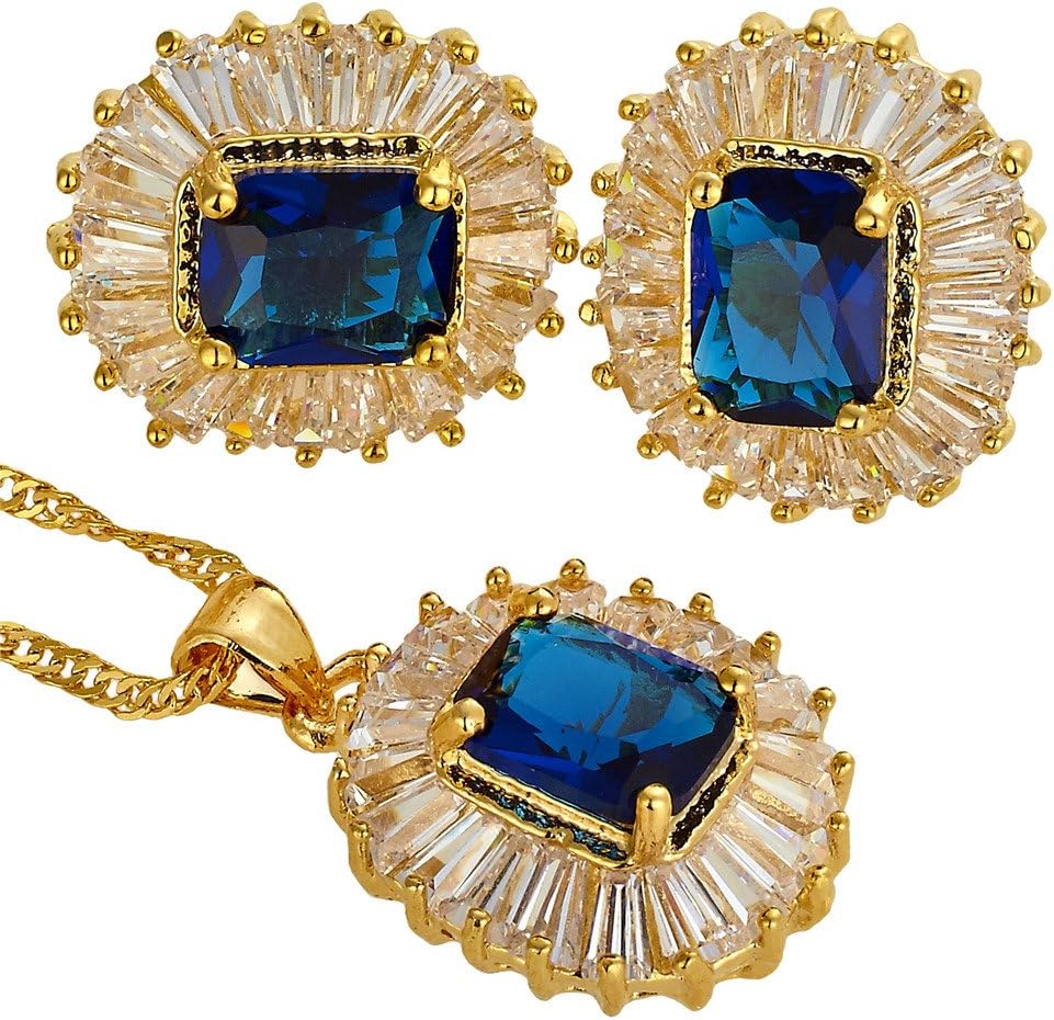 RIZILIA Jewellery Set Pendant with 18" Chain & Stud Earrings Rectangular Cut Gemstones CZ [5 Colours Available] in 18K Yellow Gold Plated, Simple Modern Elegance