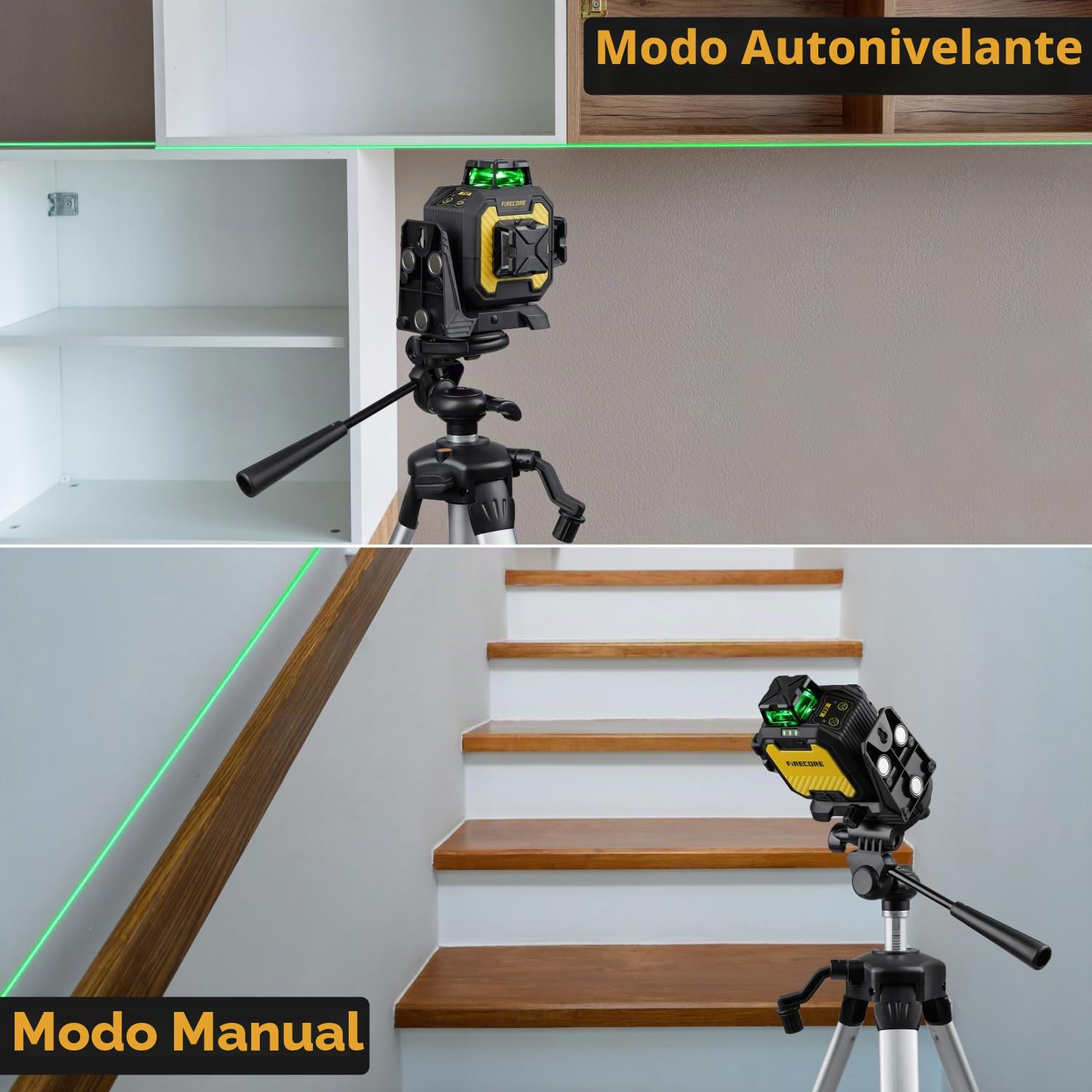 Firecore Nivel Láser Autonivelante 360° x 3, Láser Nivel de Construcción de Alta Precisión ±2 mm/10 m con Batería de Litio Recargable, Alcance de 60 m en Modo de Pulso, Ideal Para Uso en Interiores