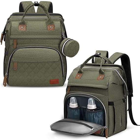 DERJUNSTAR Diaper Bag Backpack, Large Baby Bag with Changing Pad, Thick Padded Back & Straps, Laptop Compartment, Waterproof Travel Backpack with USB Port, Multi-Function for Mom & Dad, Army Green