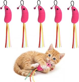 Skrfren 고양이 리본 장난감, 5피스 쥐 개박하 장난감 플러시 충전 프리미엄 고양이 지팡이 장난감 액세서리, 리본 포함, 실내 고양이 새끼 고양이 운동 물건 선물 놀이 츄 (핑크)
