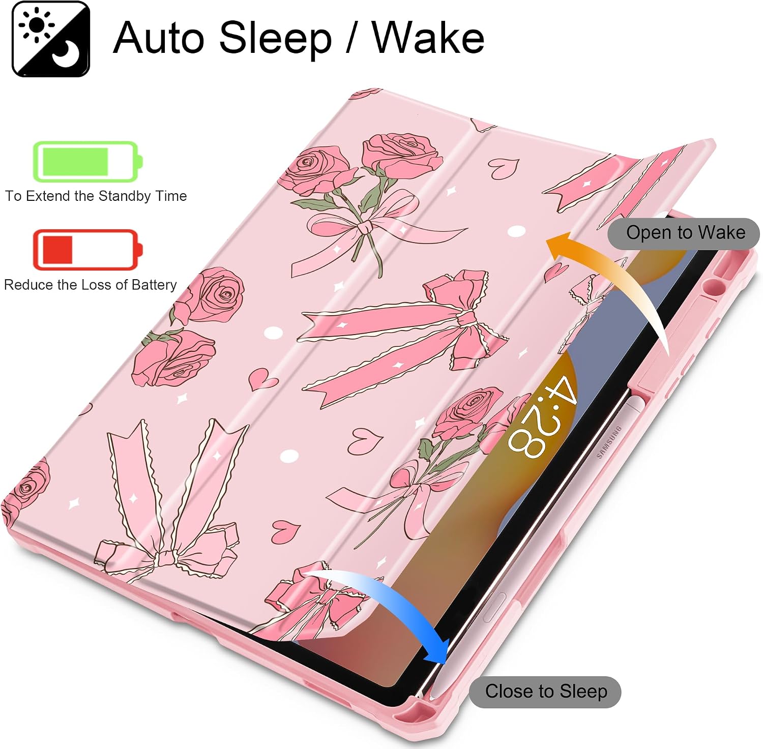 Tuiklol for Samsung Galaxy Tab S6 Lite 10.4 inch 2024 2022 2020,Buit in S Pen Holder with Shockproof Protective Cover Clear Transparent Back Shell Auto Wake/Sleep, Bow & Rose image 2