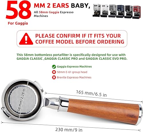 Miniatura 3 de Portafiltro sin fondo de 2.283 in, portafiltro profesional de acero inoxidable 2 orejas para 58 máquinas Gaggia, no apto para cabezas de grupo E61,