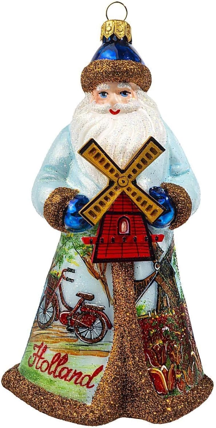 Joy To The World Glitterazzi Holland Santa with Windmill Polish Glass Ornament