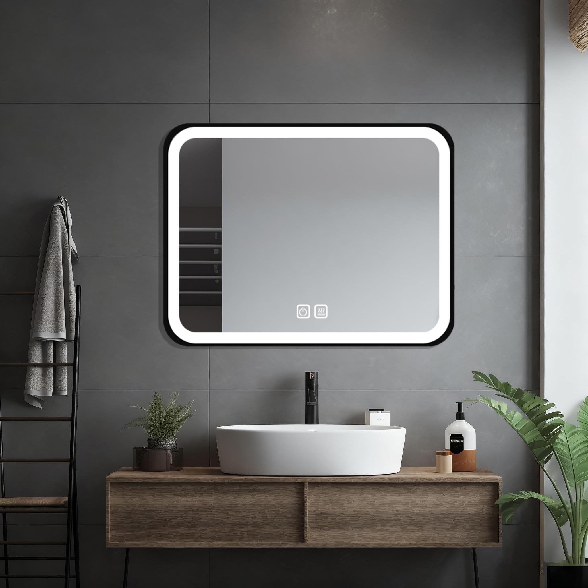HIGHBATH 50 x 70 cm Large Lighted Vanity Mirror with Dimmable 3 Modes and Demister Pad, LED Makeup Mirror for Bathroom ๏ผ Dressing Room, Tabletop or Wall-Mounted,Horizontal/Vertical, Black