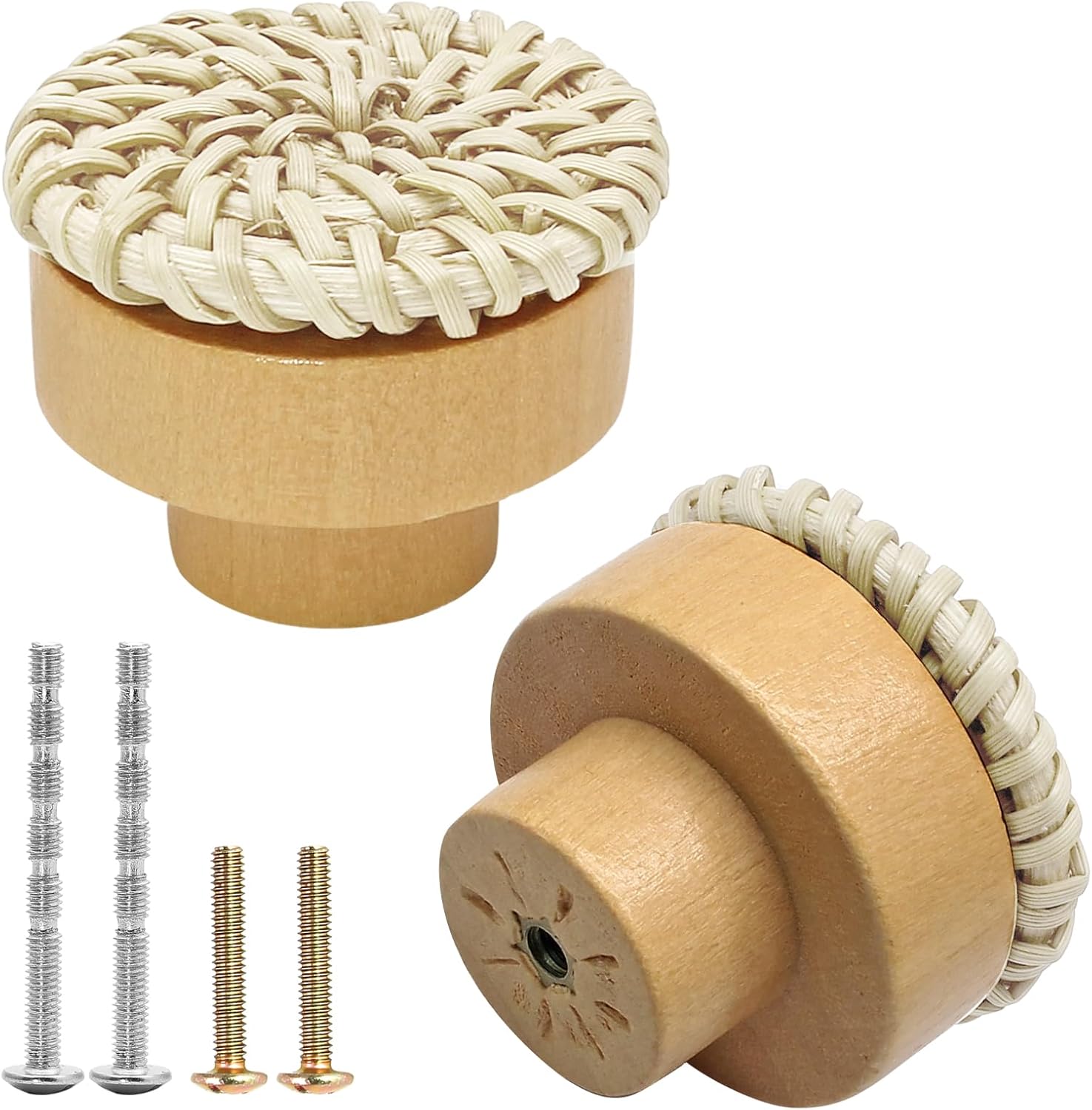 12 Pcs Boho Rattan Knobs, Handmade Boho Wicker Woven Decorative Pulls Handles with 2 Sizes Screws, Wooden Knobs for Dresser, Drawers, Cabinet (Caramel)