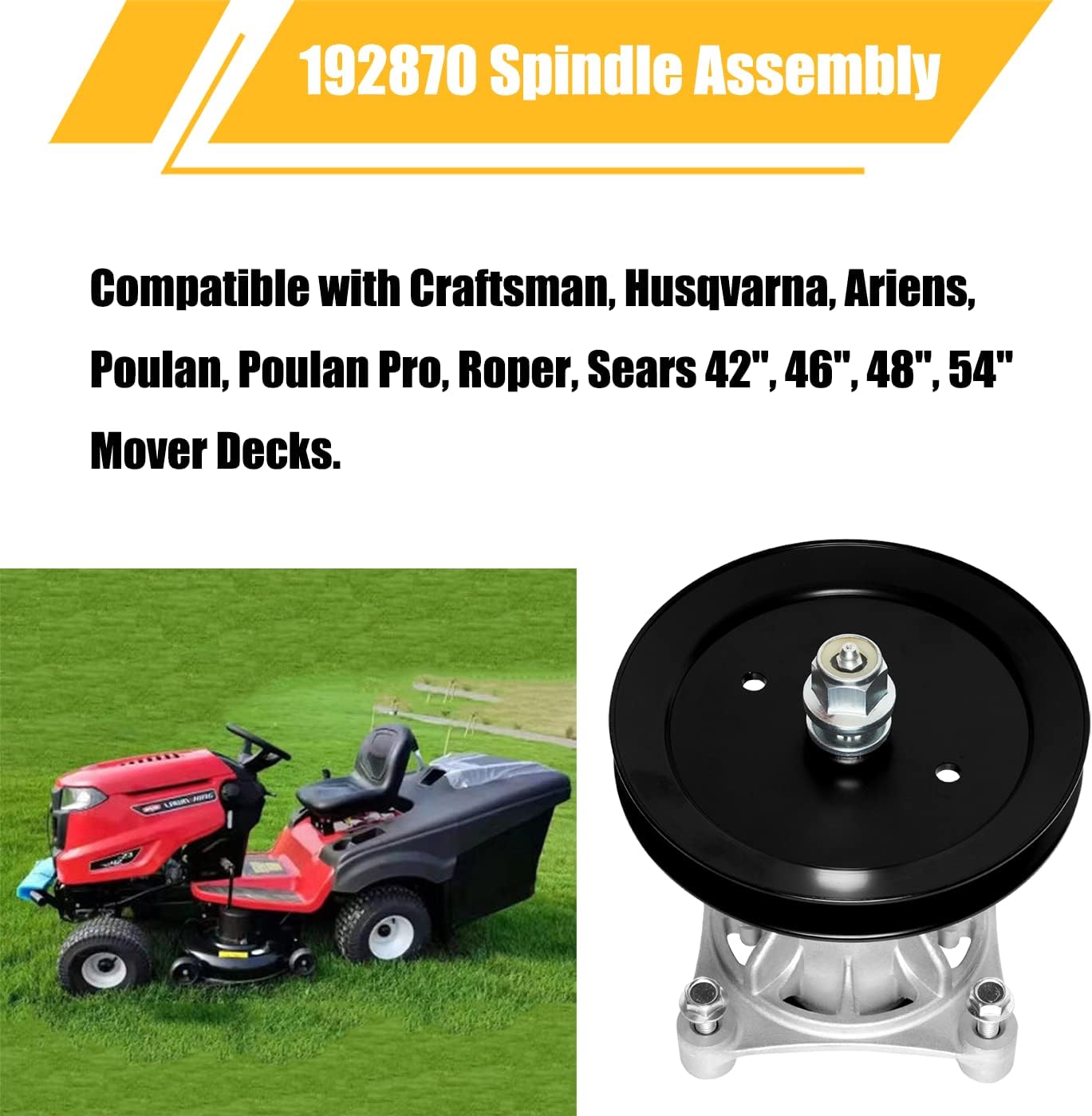 187292 Spindle Assembly with 195945 Pulley for 46" 48" 54" Mower Deck Replaces Ariens 21546238 21546299 Husqvarna 532187281 532187292 AYP 187292 192870 532192870, Pulley 195945 197473