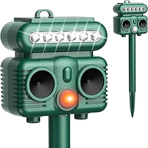 OBEST Ultrasonic Animal Deterrent, Solar Powered Control Devices with Light for Home Yard, Waterproof Animal Chase Device with Flashing-Light for Cat Raccoon Sound Frequency 5kHZ