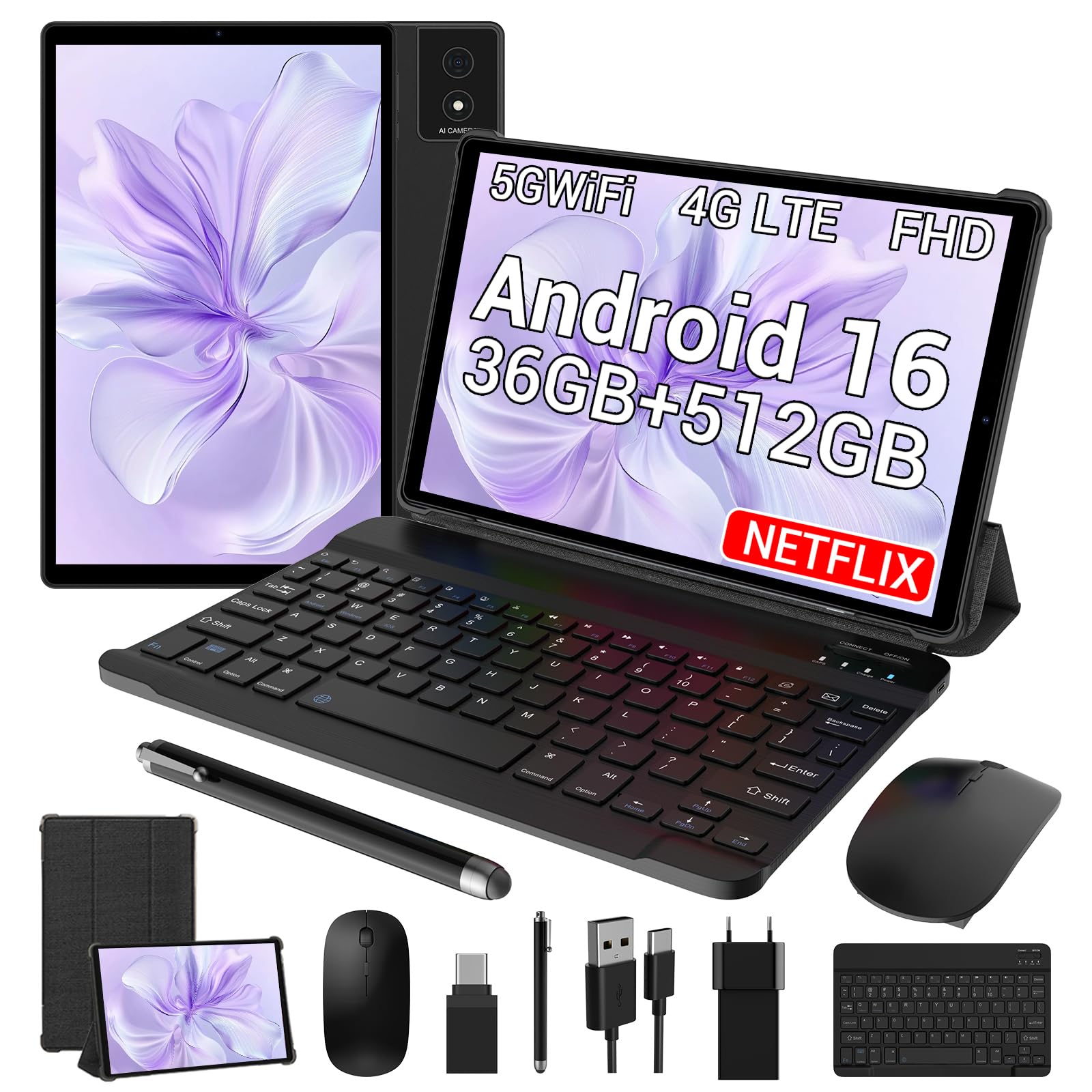 VELVDIVA Tablet 11 Pollici Android 16, 36 GB RAM + 512 GB ROM (TF 2 TB), Octa-Core 2,0 GHz, Widevine L1, 4G LTE, 5GWiFi/4GLTE, 8000 mAh, 8+13 MP/GPS/BT5.0, con Tastiera e Mouse, Negro