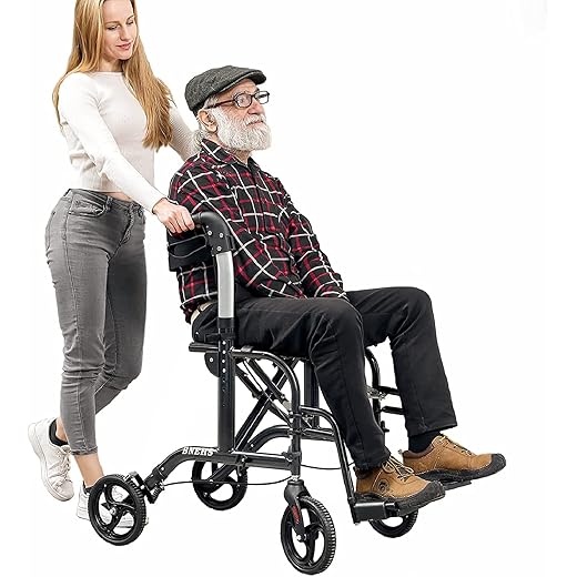 BNEHS Rollator Walker with Seat for Seniors, Transport Wheelchairs with Thickened Brake Pads for Adults, 2-in-1 Rolling Walkers Folding Mobility Aid Chair , Carbon Black