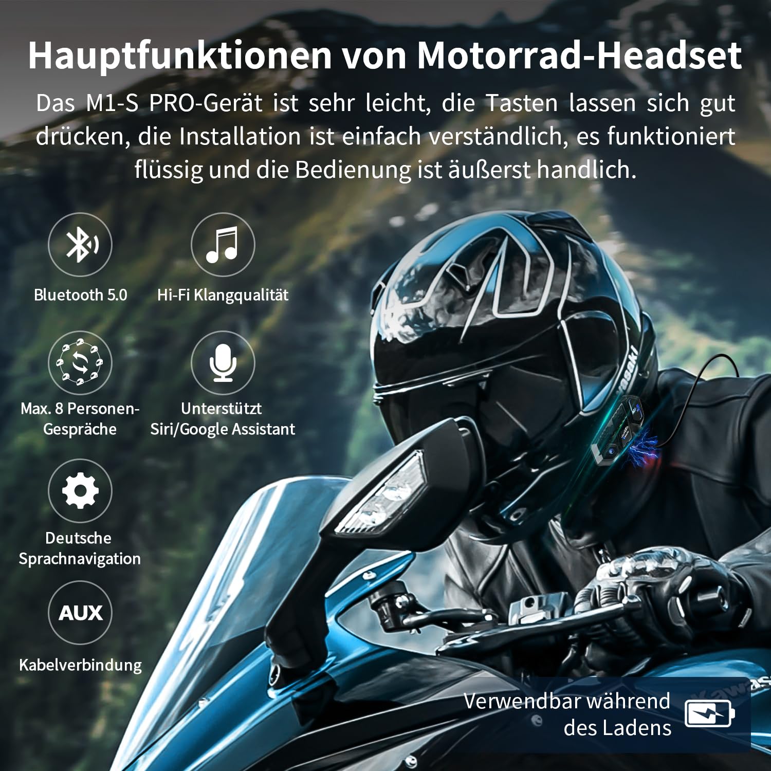 Fodsports M1-S Pro 2er Pack Motorrad Headset, 8-Personen Bluetooth Intercom mit 2000m Reichweite & CVC Geräuschunterdrückung, Musik Teilen, AUX Mischfunktion & Automatischer Anrufannahme