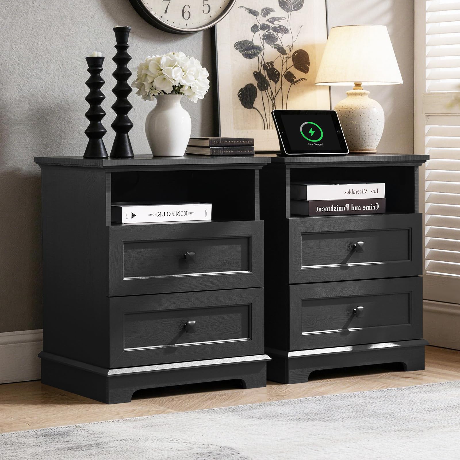 20-Inch Wide Modern Nightstands Set of 2 with Charging Station & Outlets, Bedside Tables with 2 Drawers and Open Shelf, Sleek Design End Tables for