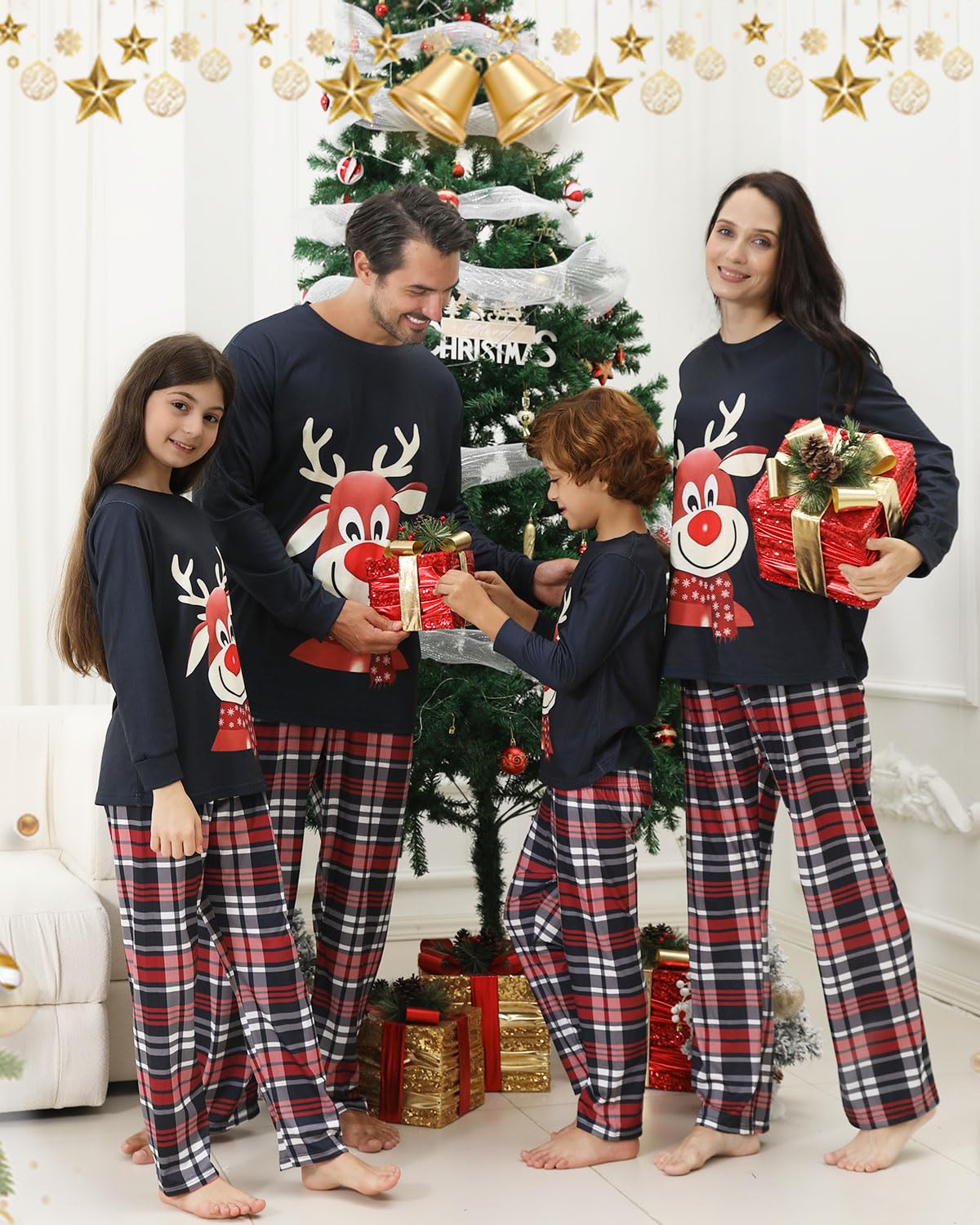 DDKJ Pijama Navidad Familia,Pijama Familiar Navidad con Estampado de Renos,Pijamas Navideños Familia Top Blanco y Pantalón de Cuadros Rojos,Blancos y Negros,Pijamas Navidad Mujer/Hombre/Niña/Niño